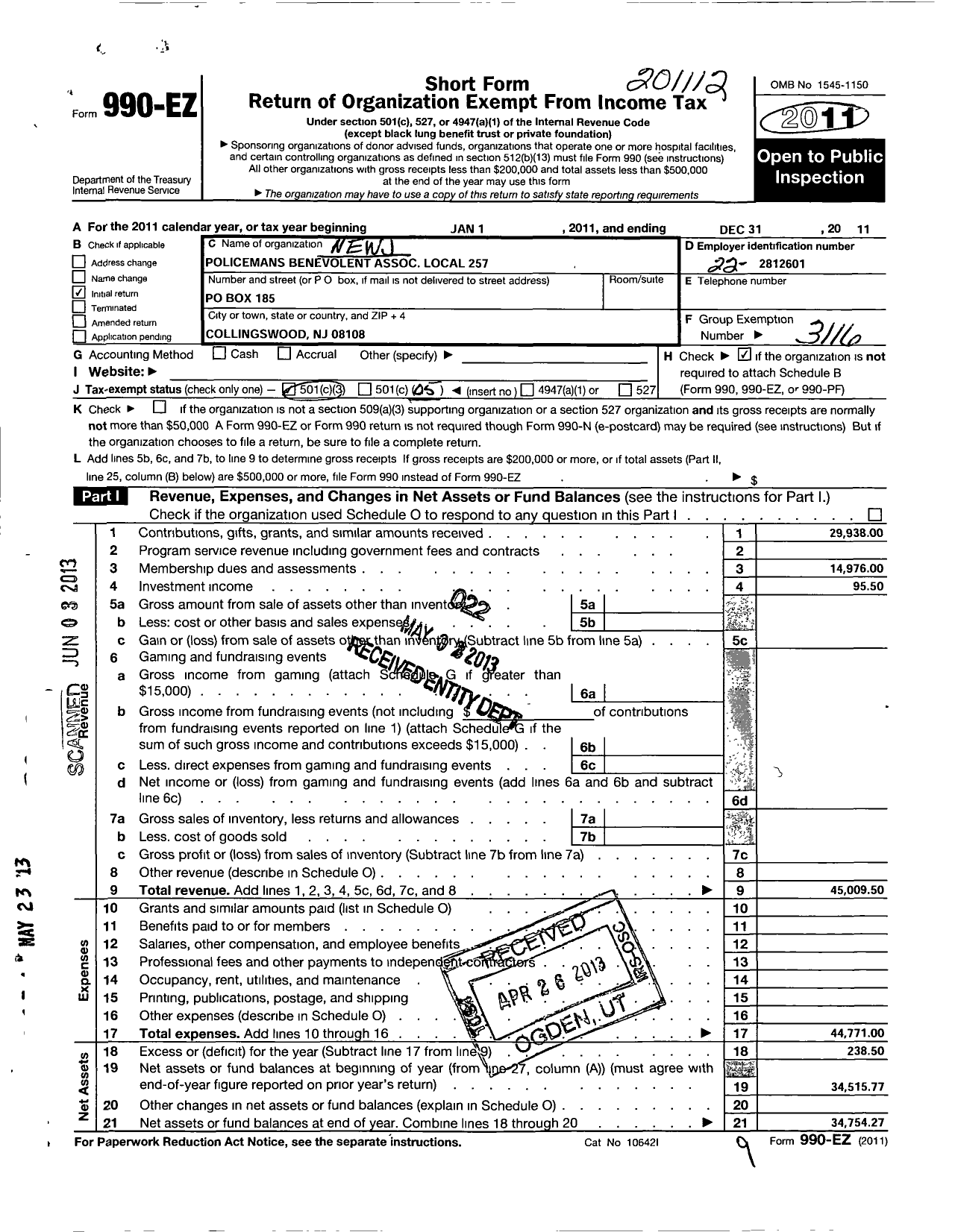 Image of first page of 2011 Form 990EO for NJ State Patrolmen's Benevolent Association - 257 Pba Haddon Local