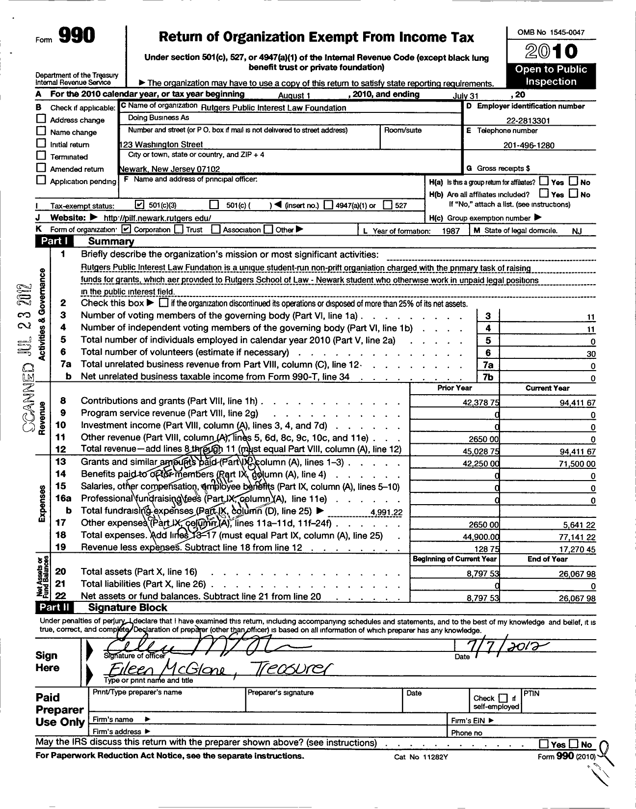 Image of first page of 2010 Form 990 for Rutgers Public Interest Law Foundation A NJ Non Profit Corporation