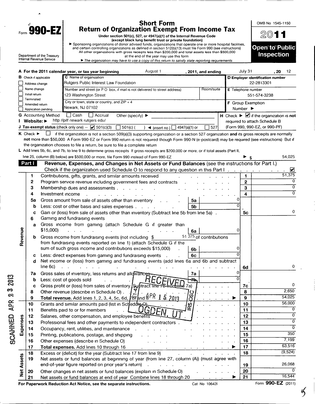 Image of first page of 2011 Form 990EZ for Rutgers Public Interest Law Foundation A NJ Non Profit Corporation