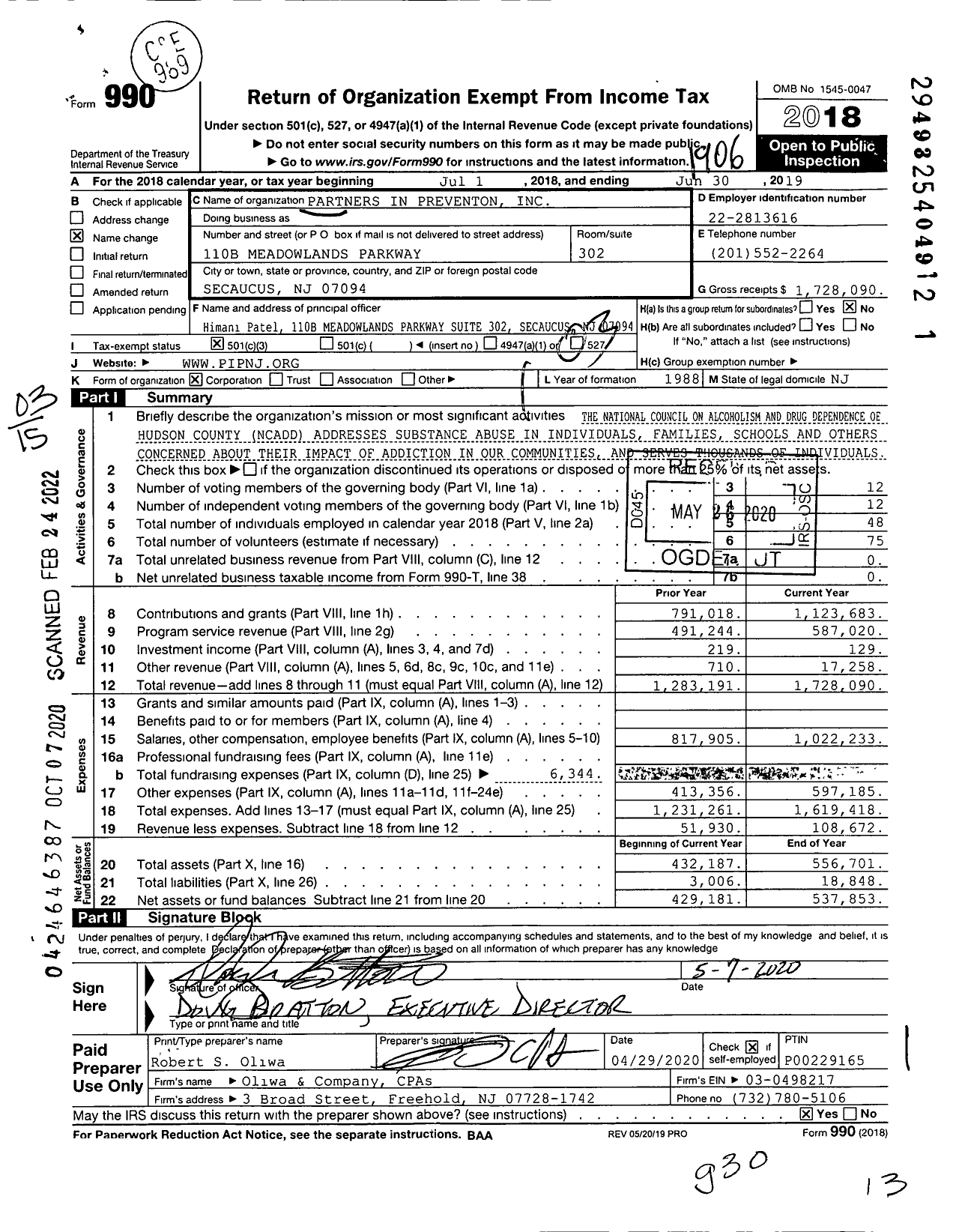 Image of first page of 2018 Form 990 for Partners in Prevention