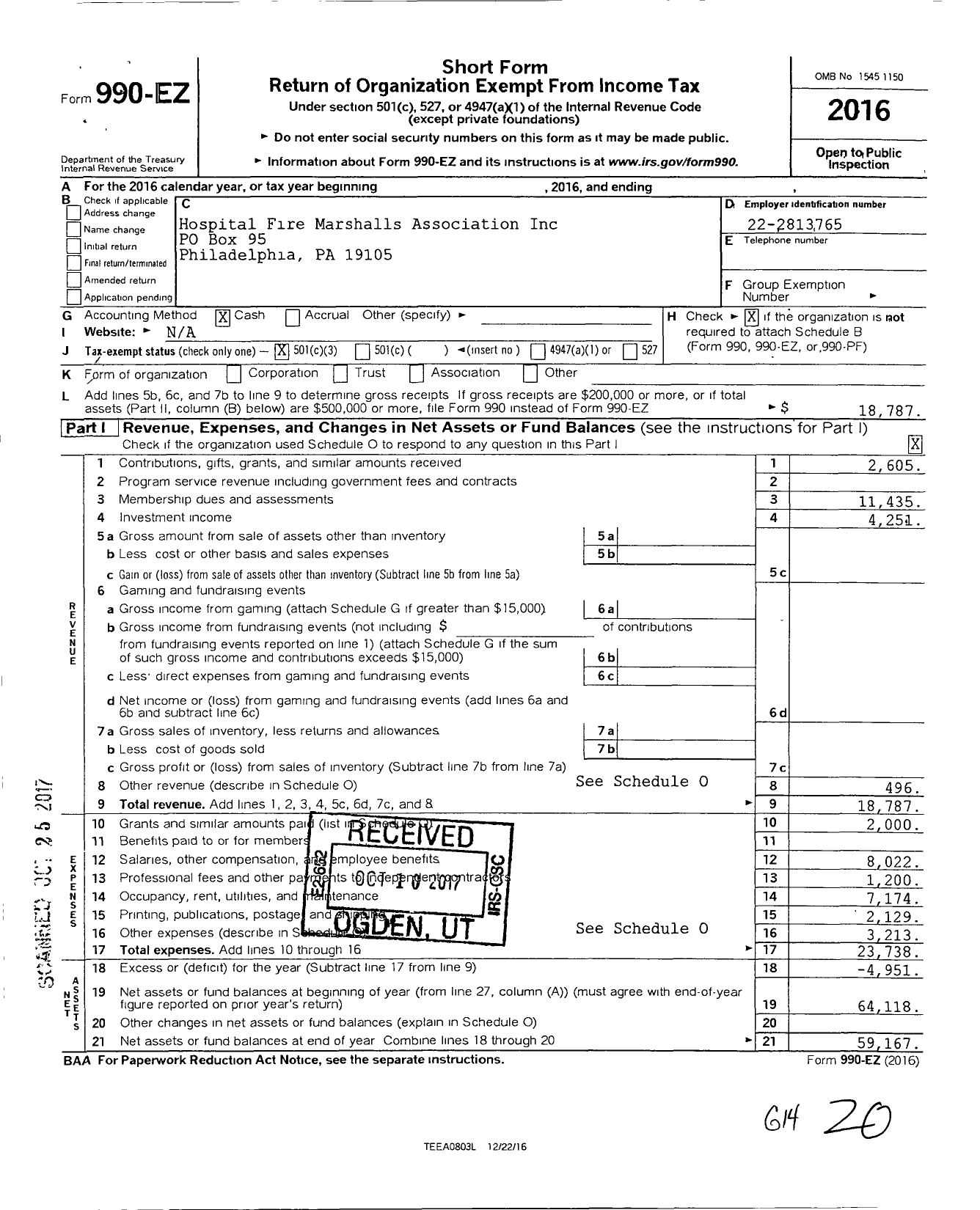 Image of first page of 2016 Form 990EZ for Hospital Fire Marshalls Association