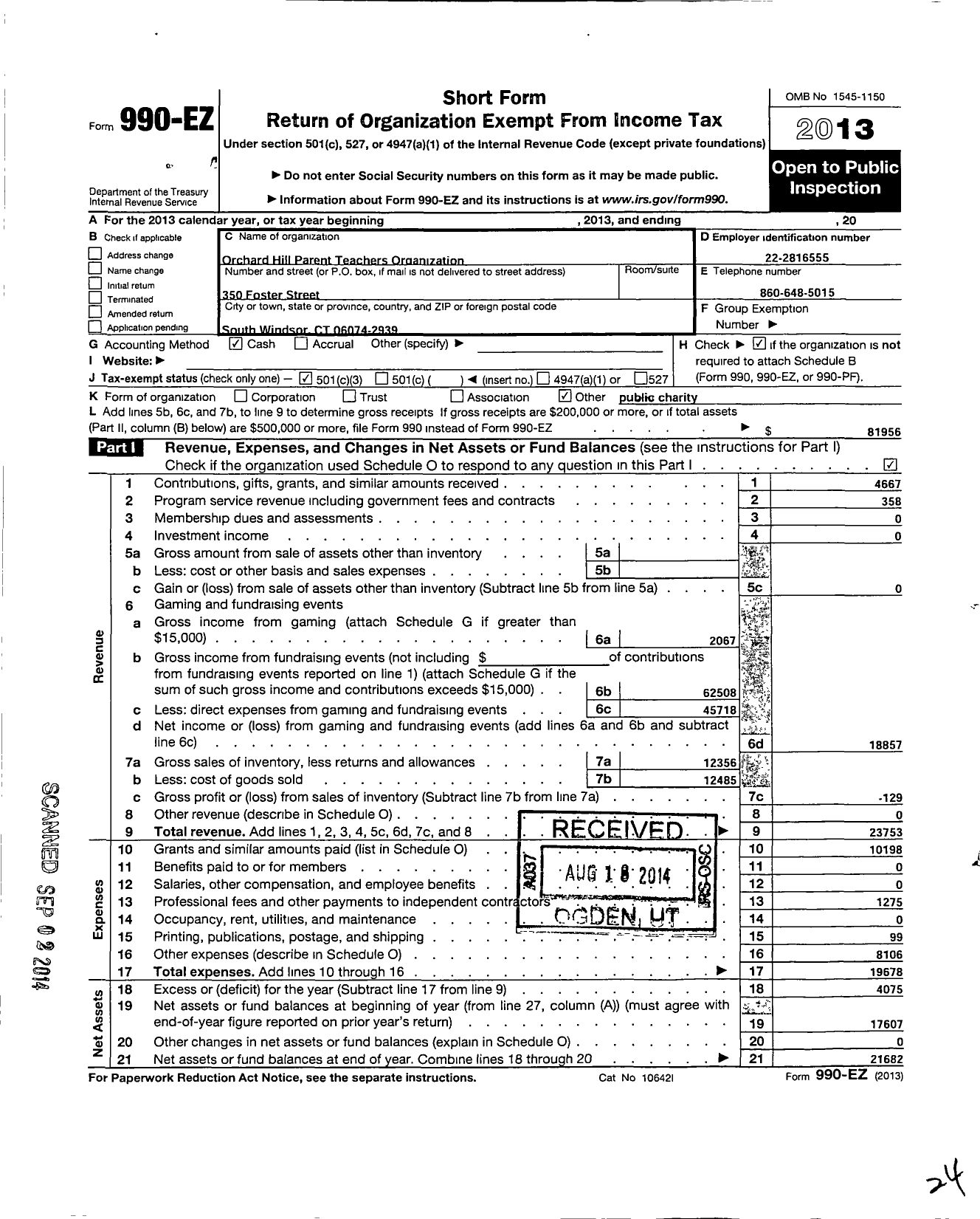 Image of first page of 2013 Form 990EZ for Orchard Hill Parent Teachers Organization