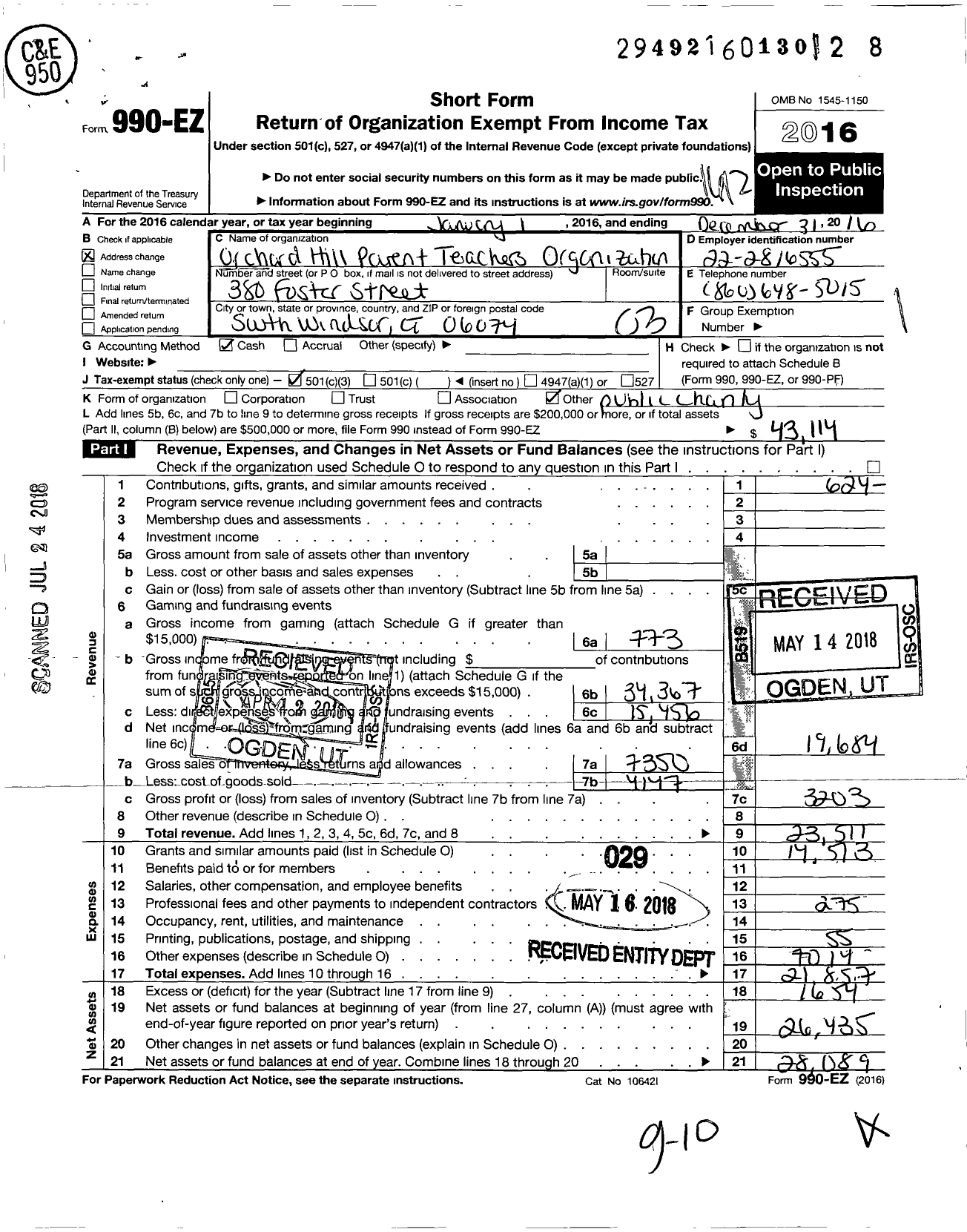 Image of first page of 2016 Form 990EZ for Orchard Hill Parent Teachers Organization