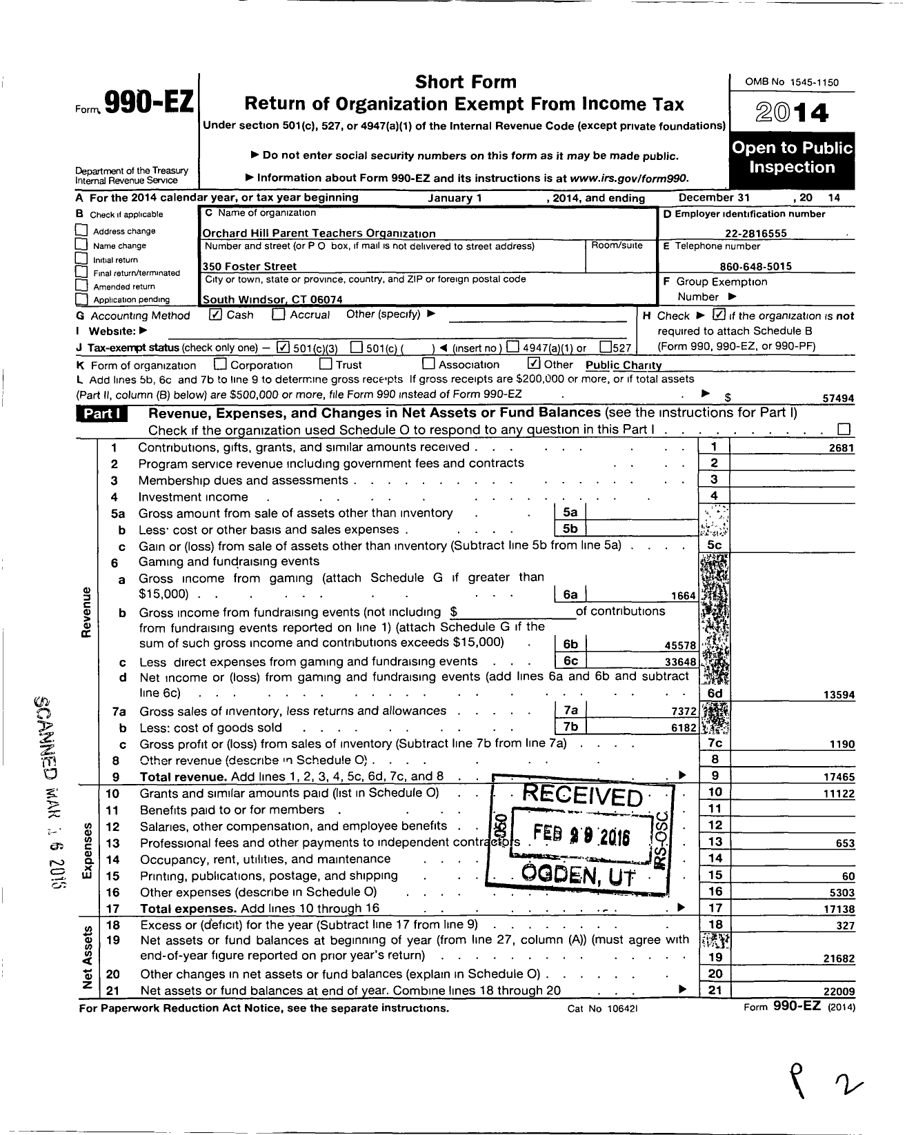 Image of first page of 2014 Form 990EZ for Orchard Hill Parent Teachers Organization