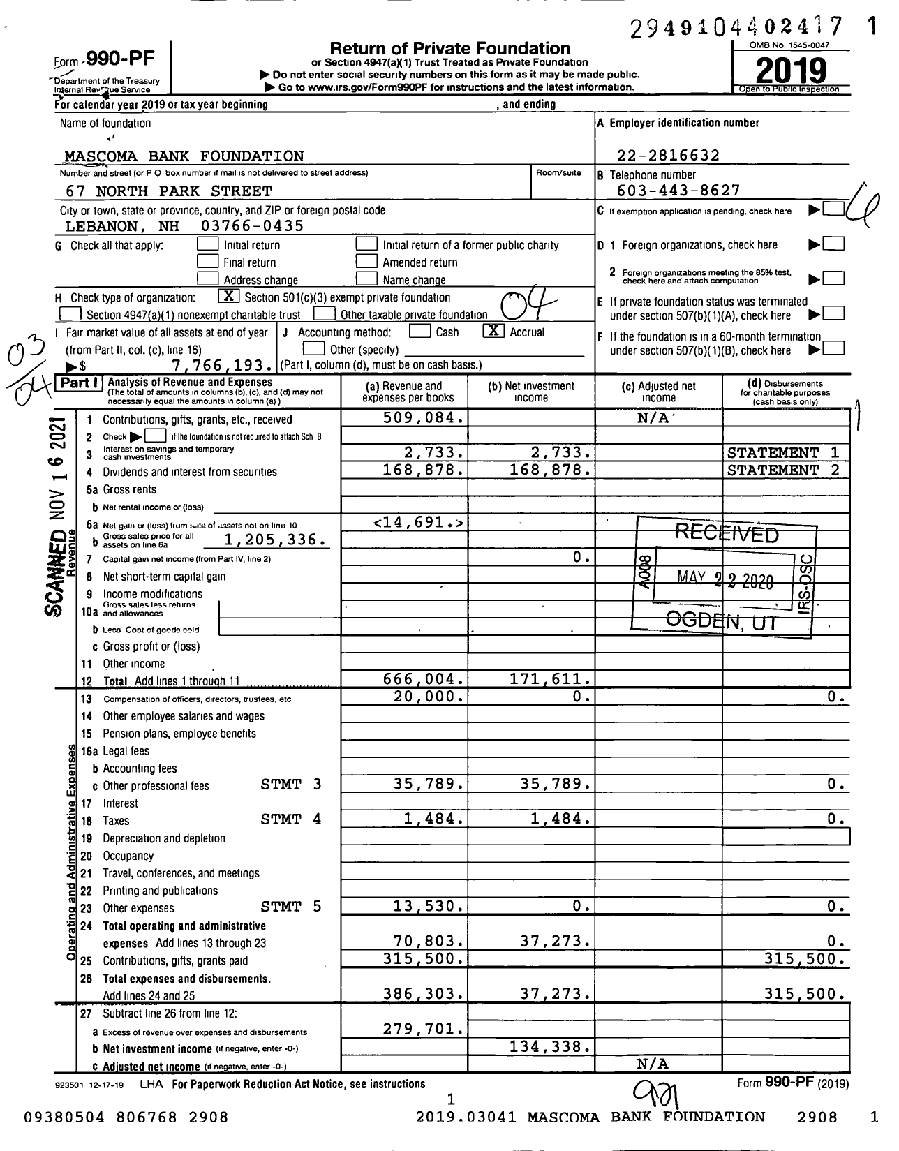 Image of first page of 2019 Form 990PF for Mascoma Bank Foundation