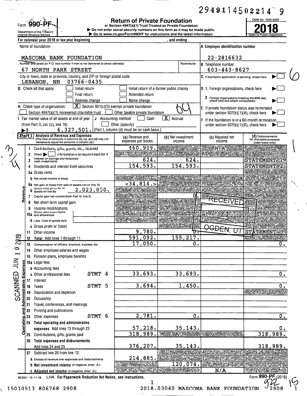 Image of first page of 2018 Form 990PF for Mascoma Bank Foundation