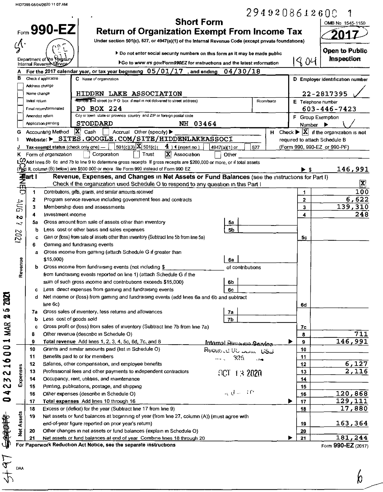 Image of first page of 2017 Form 990EO for Hidden Lake Association