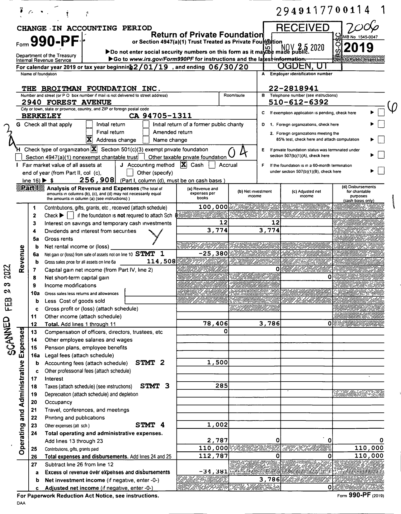 Image of first page of 2019 Form 990PF for The Broitman Foundation