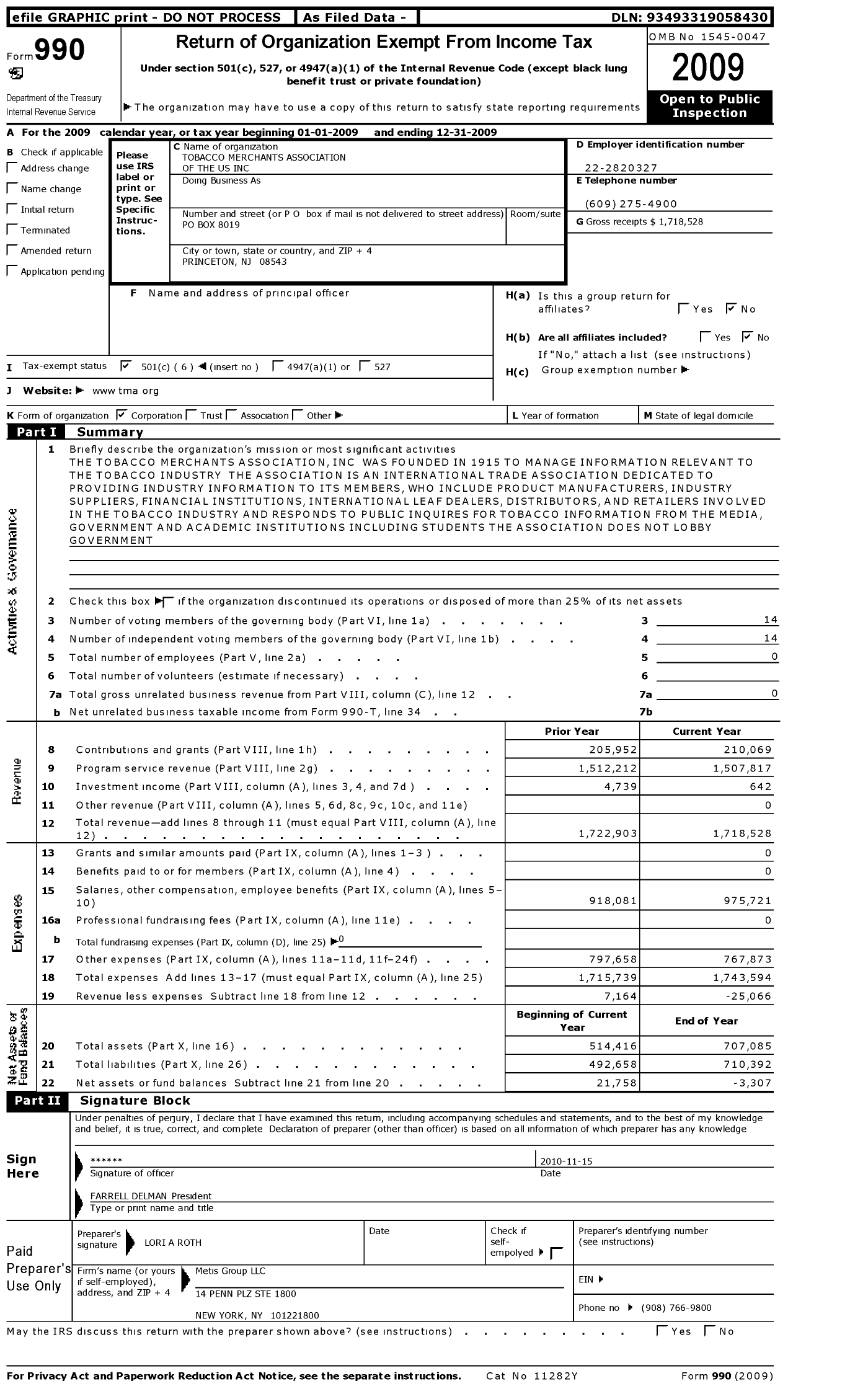 Image of first page of 2009 Form 990O for Tobacco Merchants Association of the Us