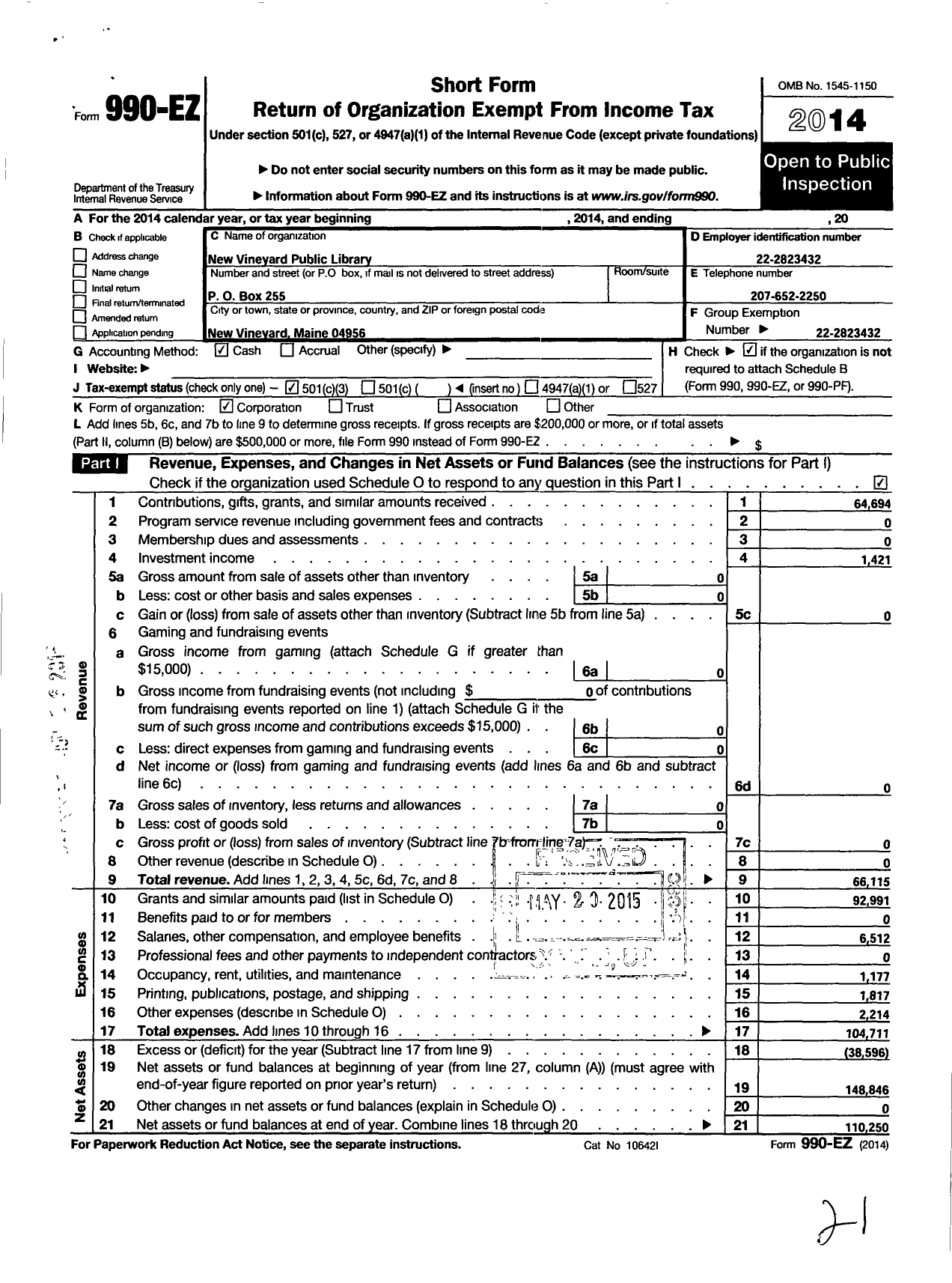 Image of first page of 2014 Form 990EZ for The New Vineyard Library Association