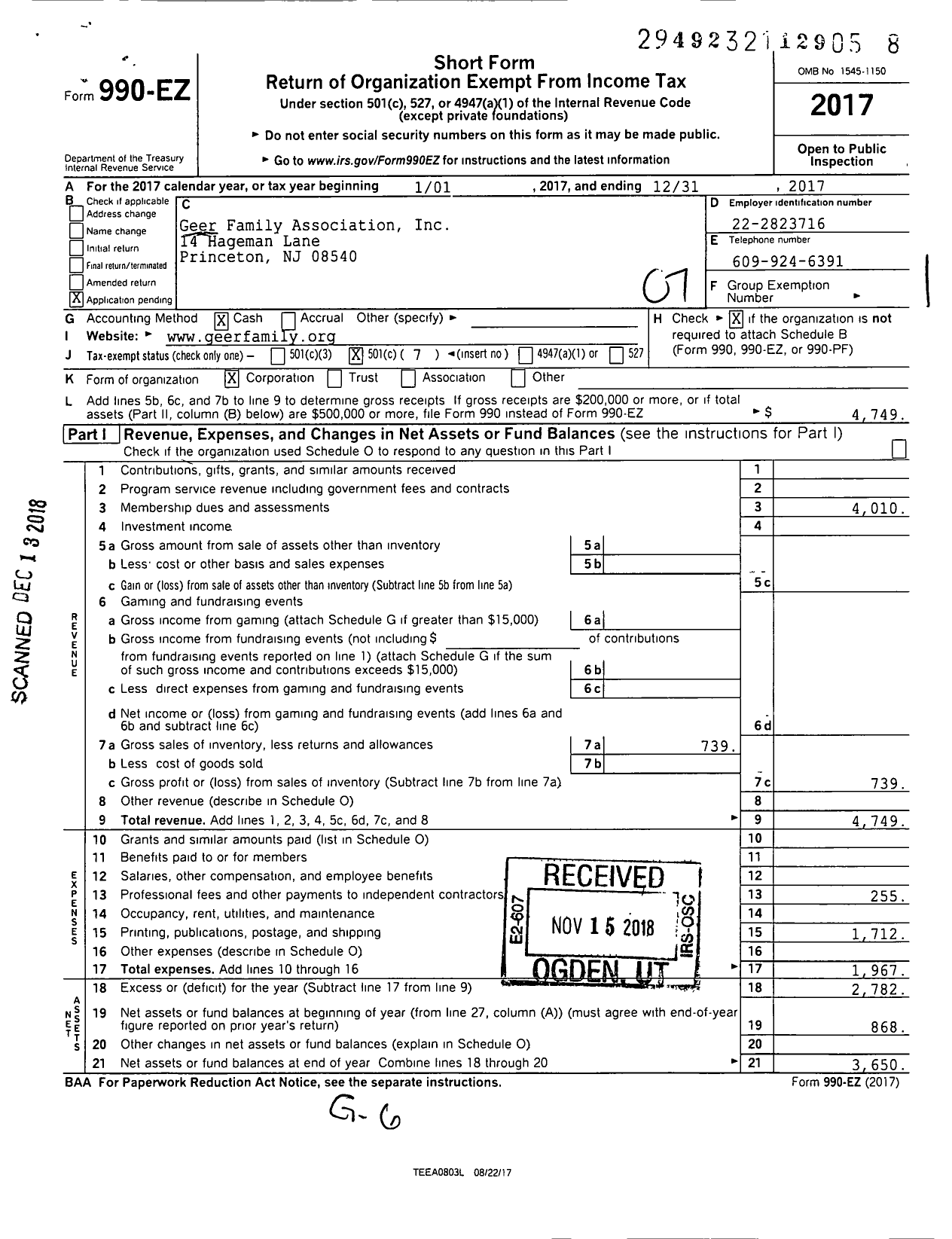 Image of first page of 2017 Form 990EO for Geer Family Association