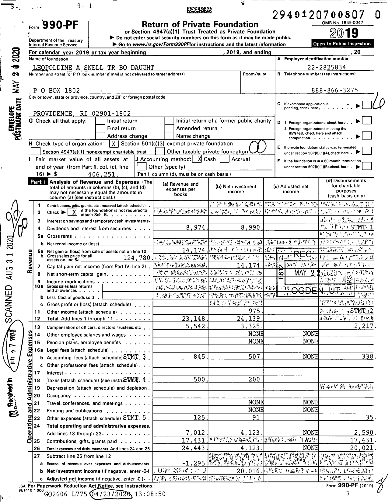 Image of first page of 2019 Form 990PR for Leopoldine A Snell TR Bo Daughters