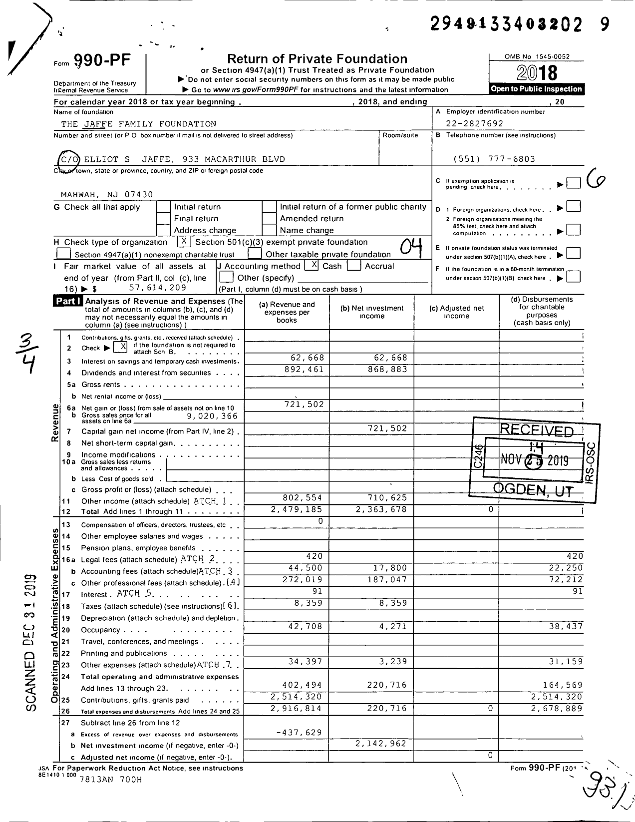 Image of first page of 2018 Form 990PF for The Jaffe Family Foundation