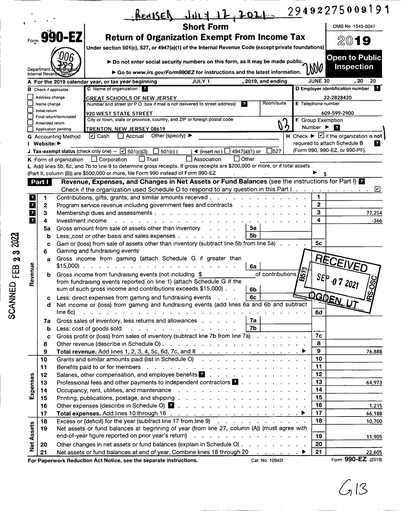 Image of first page of 2019 Form 990EZ for Great Schools of New Jersey