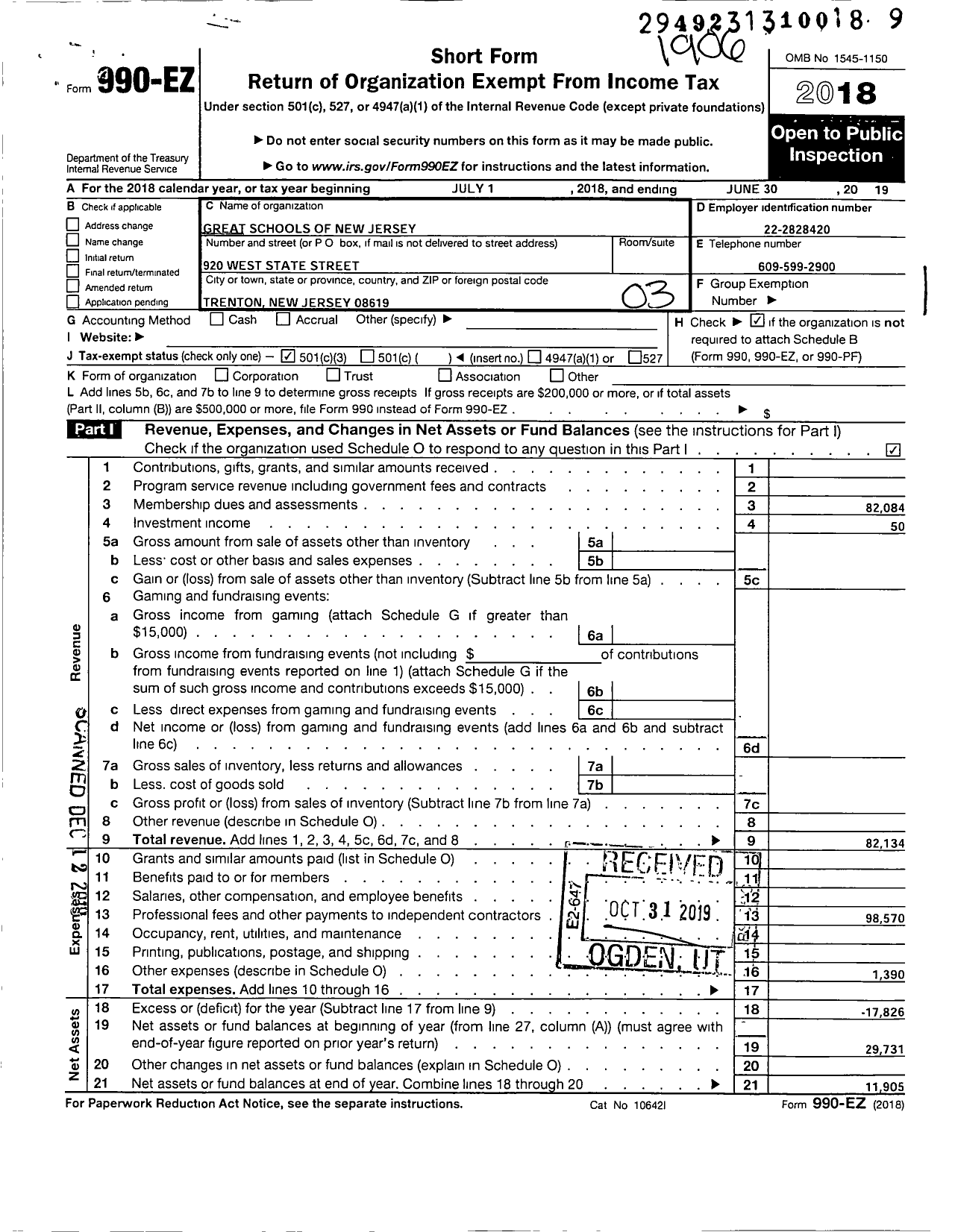 Image of first page of 2018 Form 990EZ for Great Schools of New Jersey