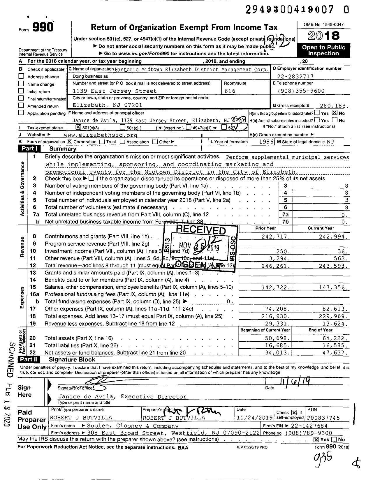 Image of first page of 2018 Form 990 for Historic Midtown Elizabeth District Management Corporation