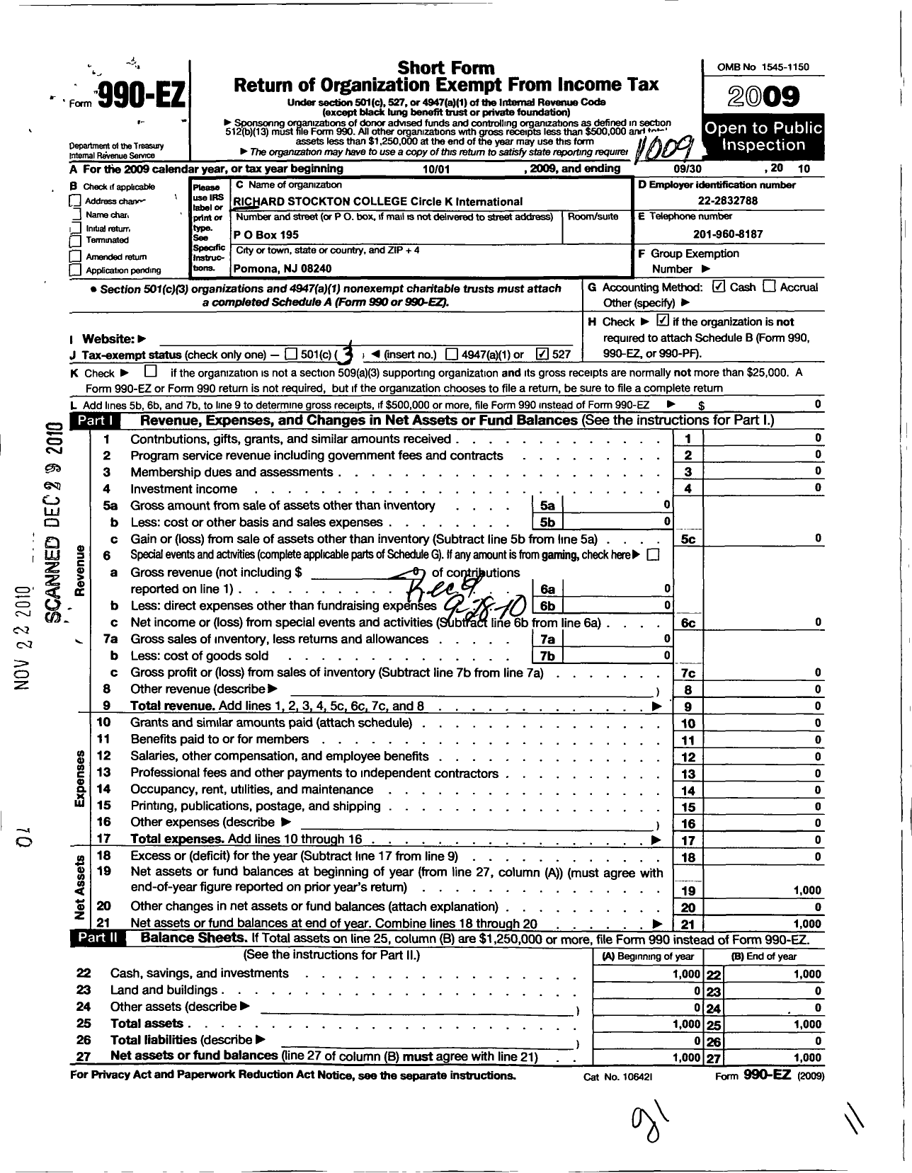 Image of first page of 2009 Form 990EZ for Richard Stockton College Circle K International
