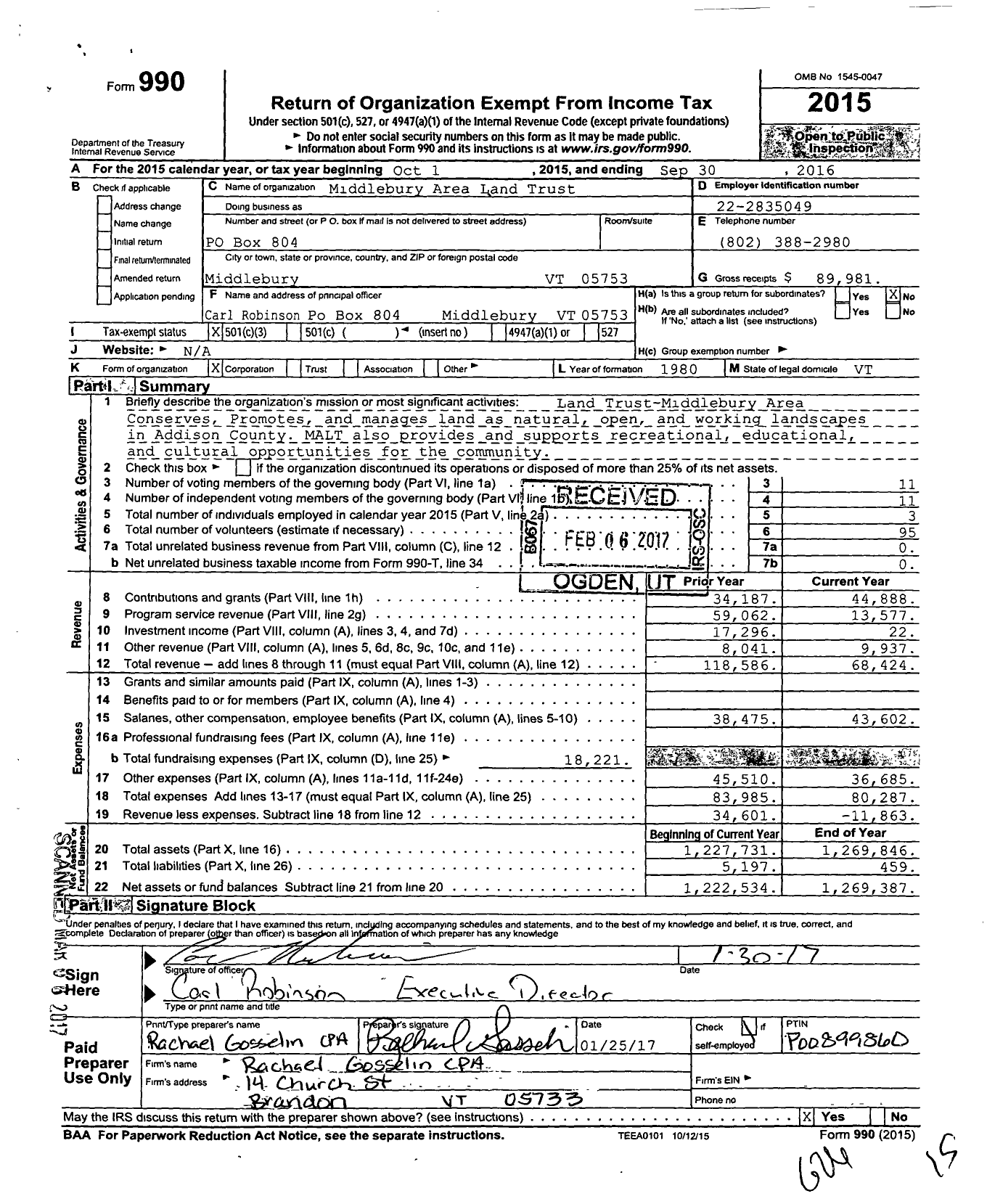 Image of first page of 2015 Form 990 for Middlebury Area Land Trust