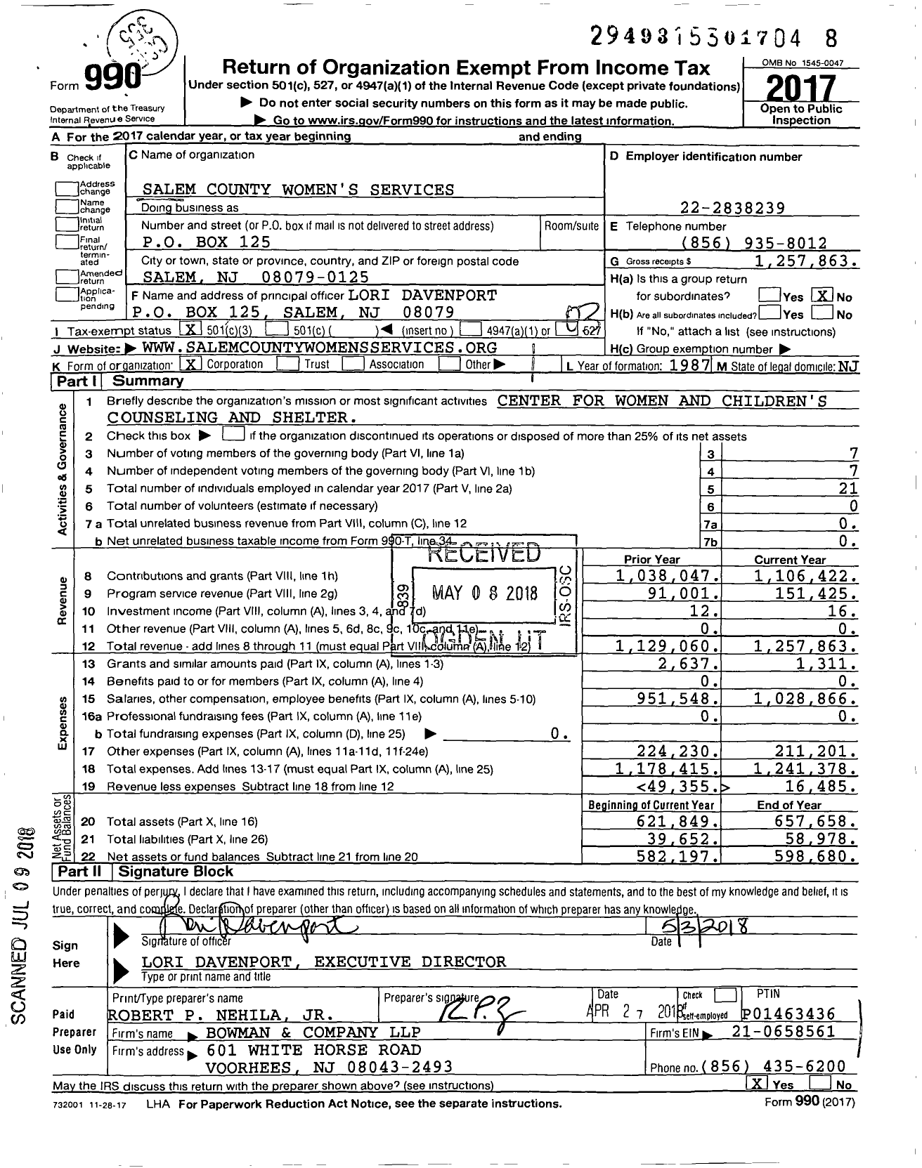 Image of first page of 2017 Form 990 for Salem County Women's Services (SCWS)