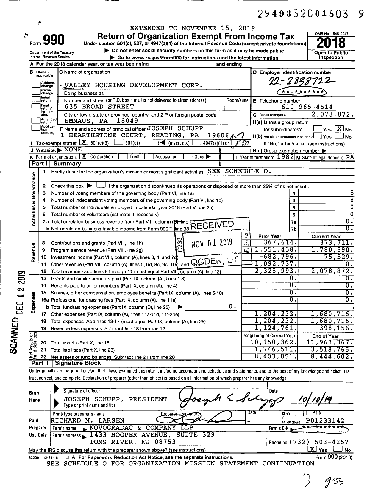 Image of first page of 2018 Form 990 for Valley Housing Development Corporation