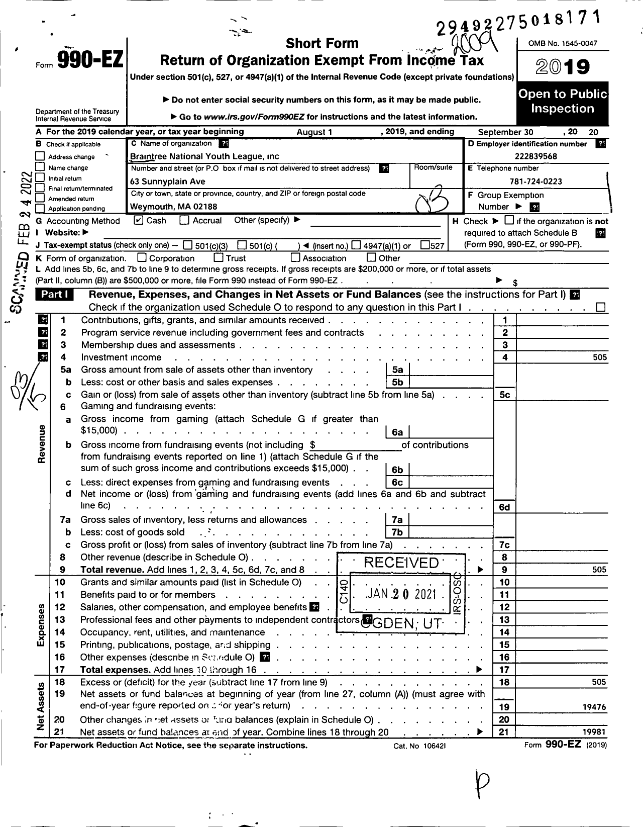 Image of first page of 2019 Form 990EZ for Braintree National Youth League