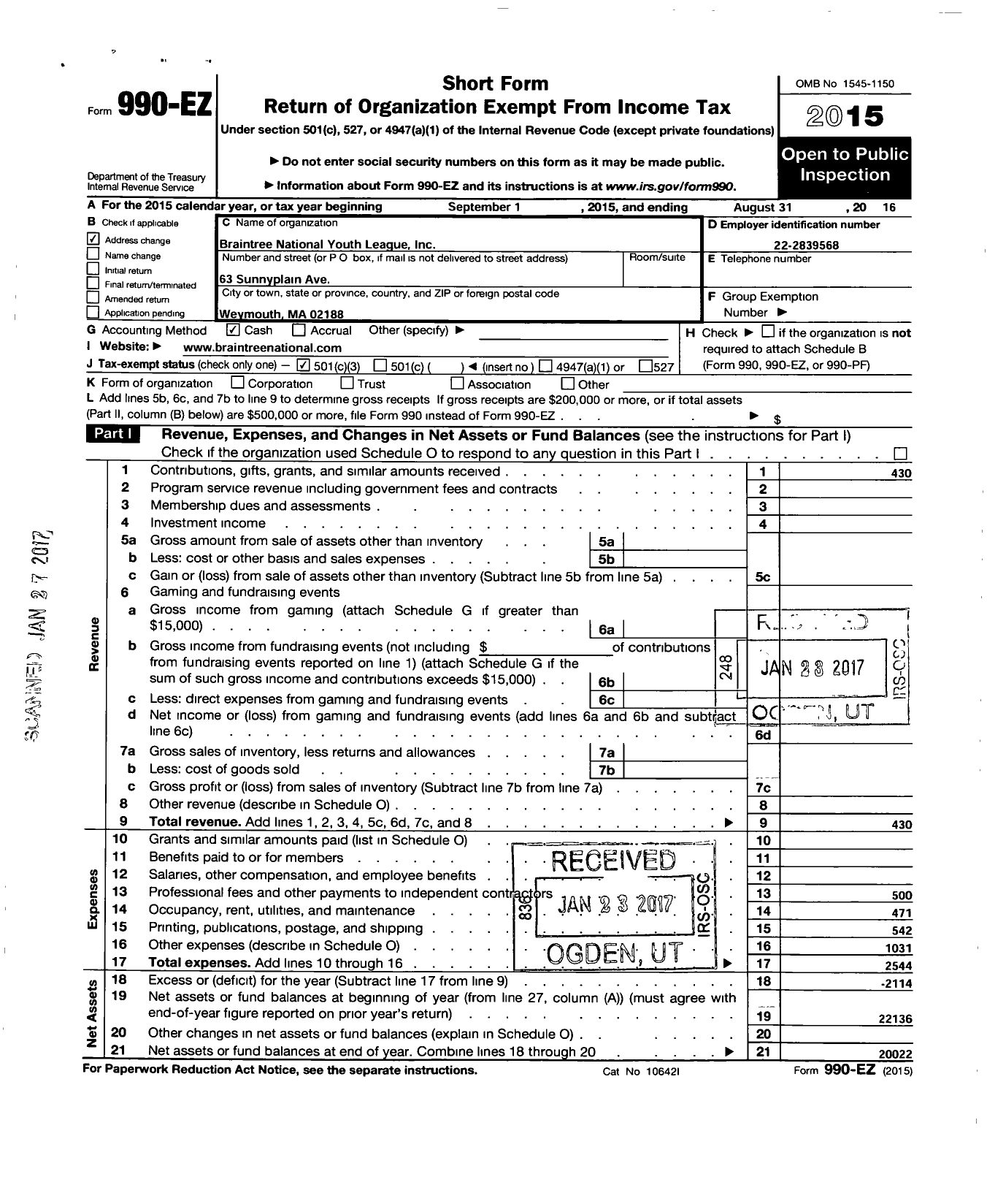 Image of first page of 2015 Form 990EZ for Braintree National Youth League