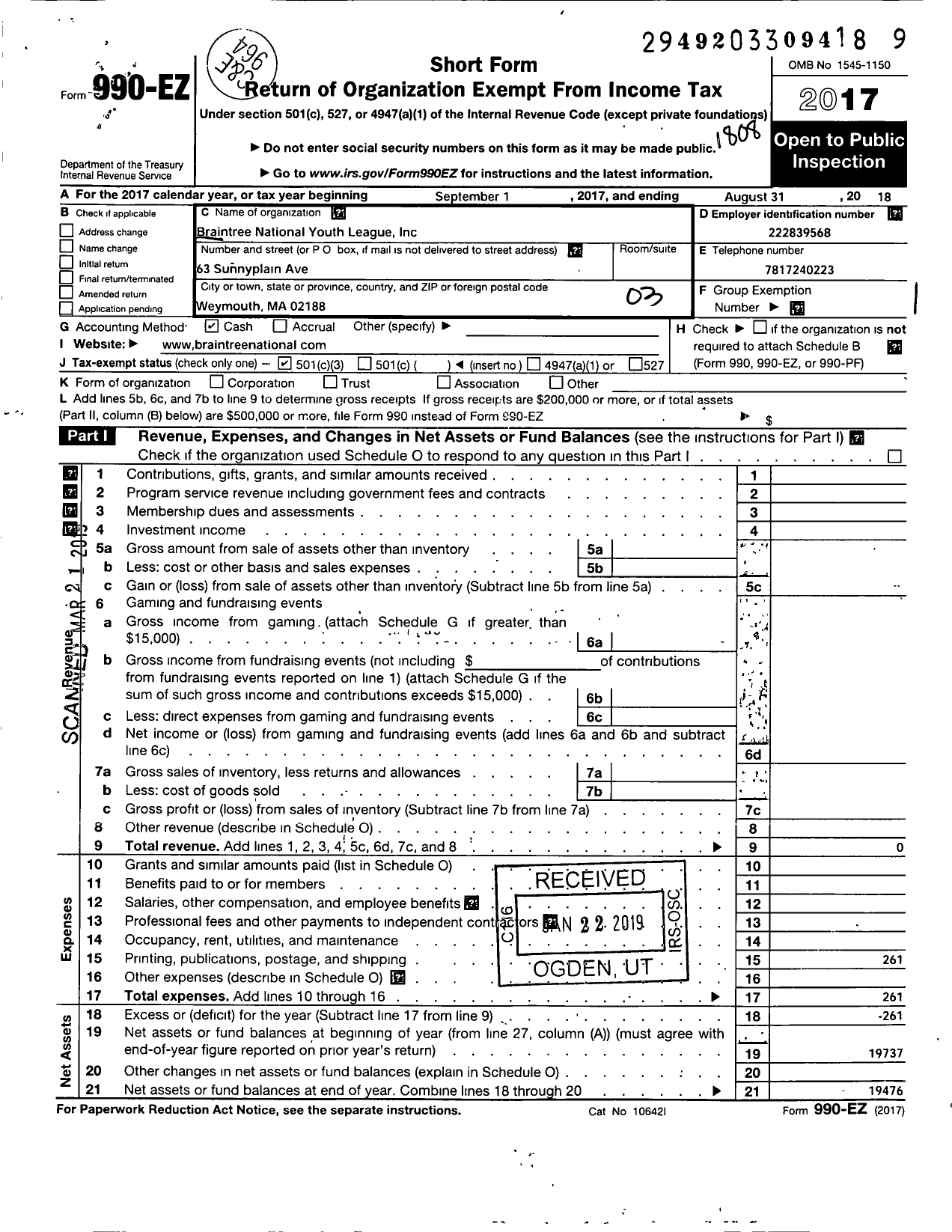 Image of first page of 2017 Form 990EZ for Braintree National Youth League