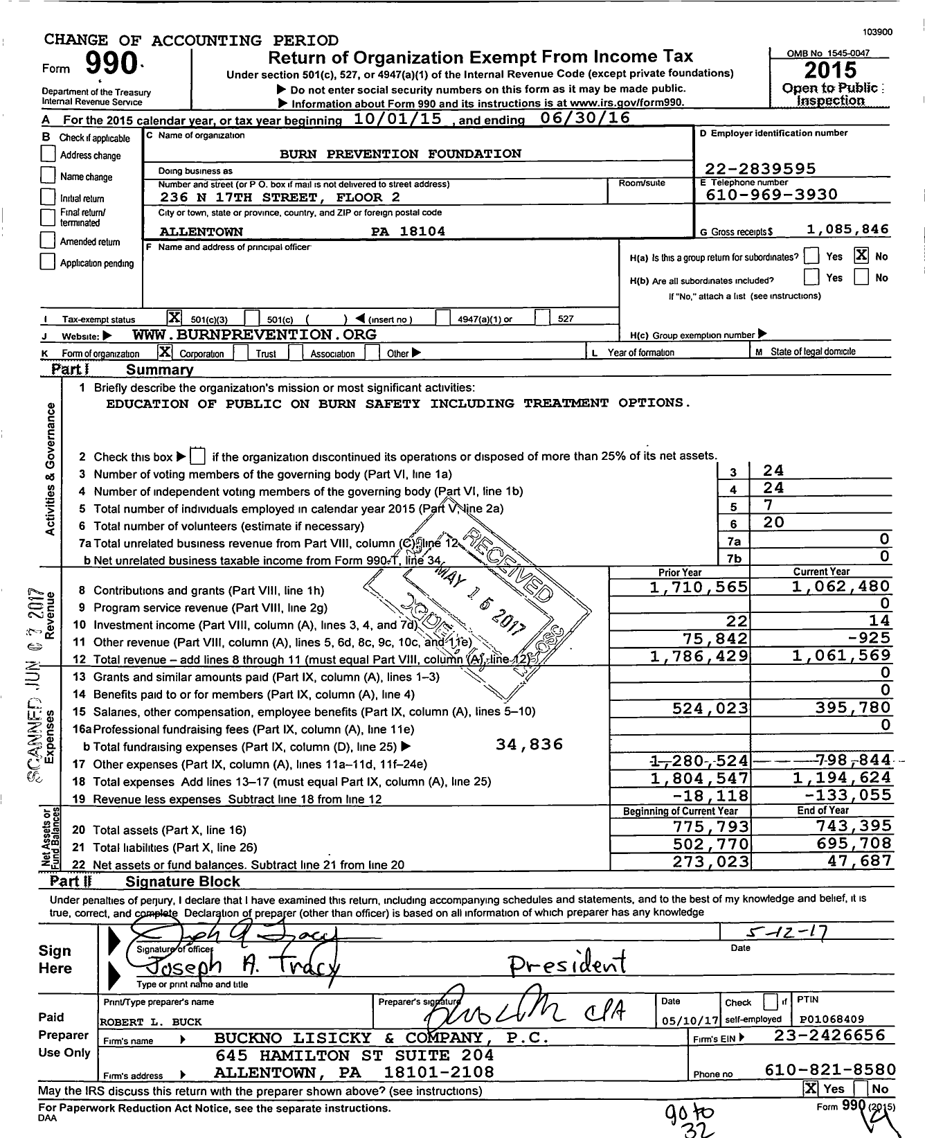 Image of first page of 2015 Form 990 for Burn Prevention Network