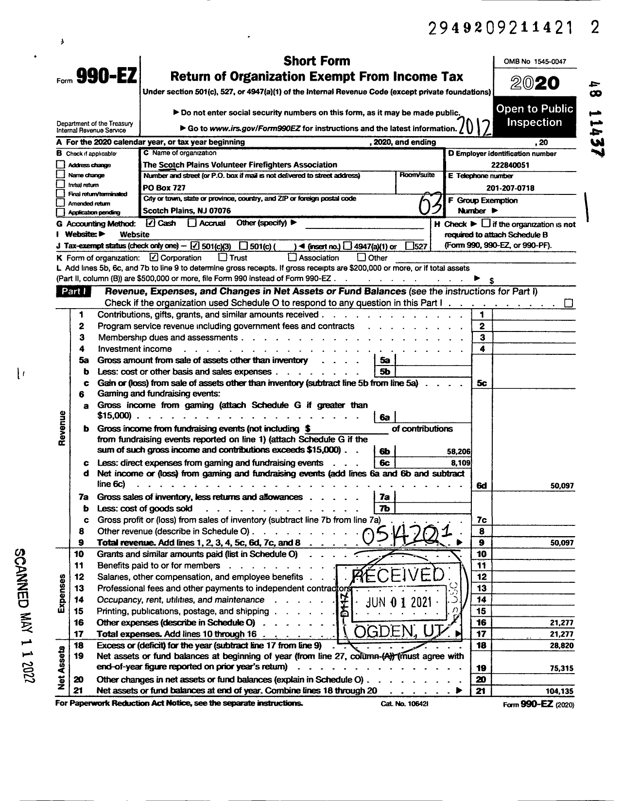 Image of first page of 2020 Form 990EZ for The Scotch Plains Volunteer Fire Fighters Association