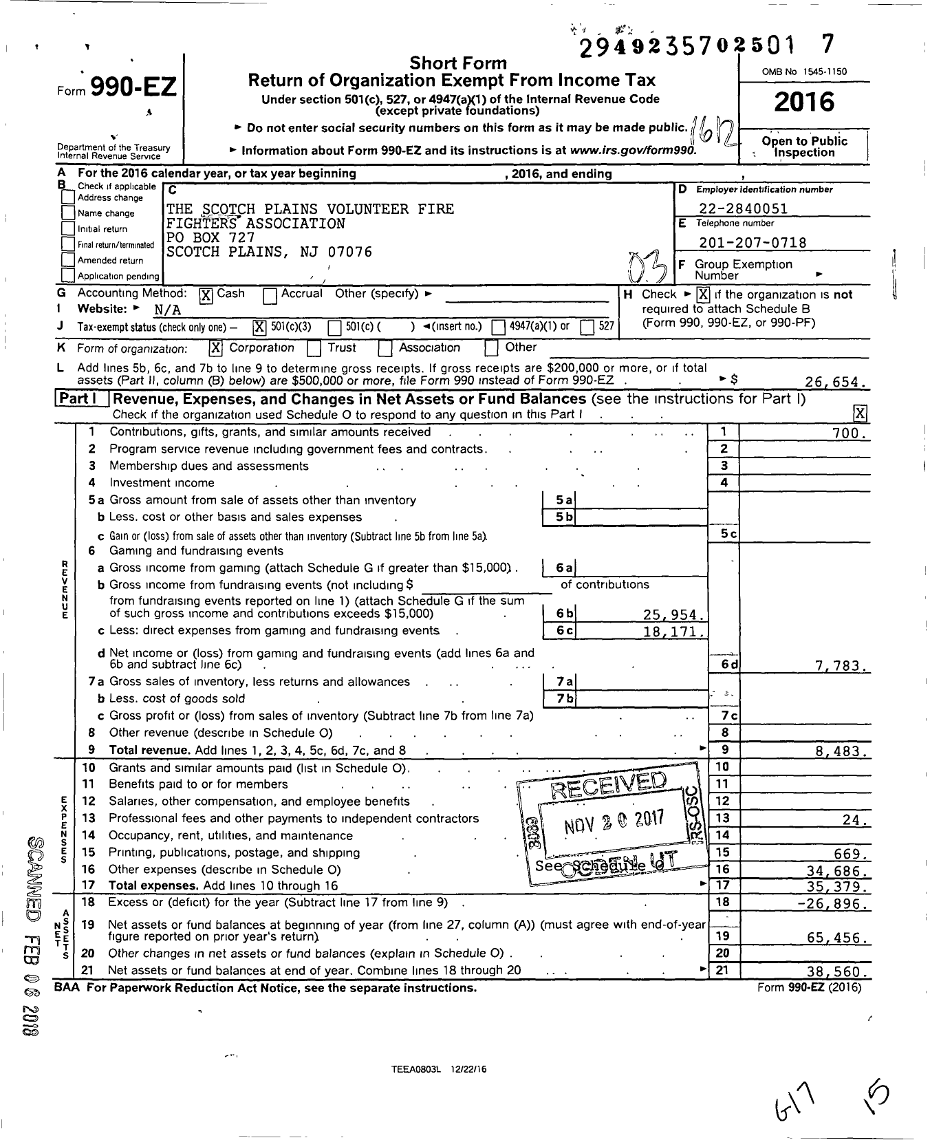 Image of first page of 2016 Form 990EZ for The Scotch Plains Volunteer Fire Fighters Association