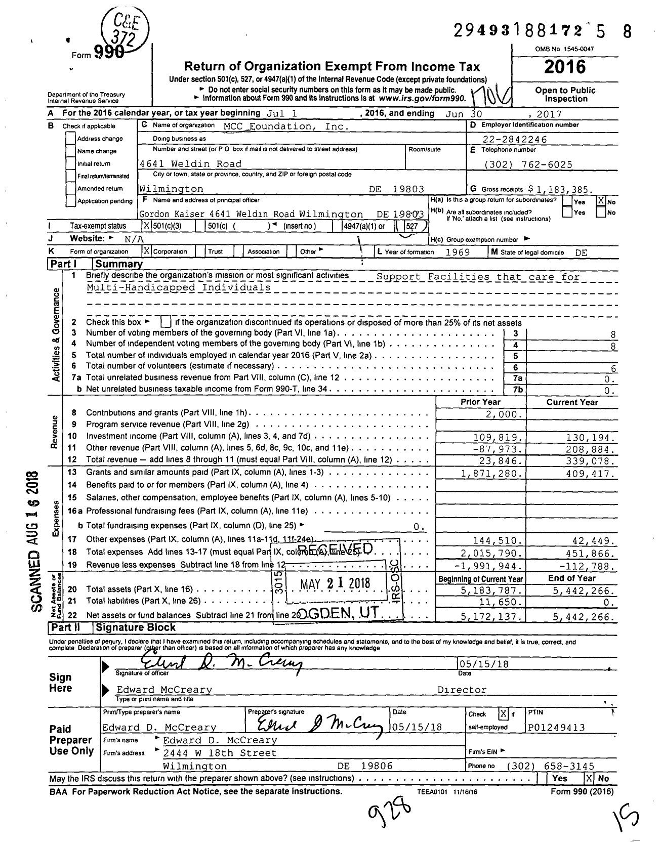 Image of first page of 2016 Form 990 for MCC Foundation