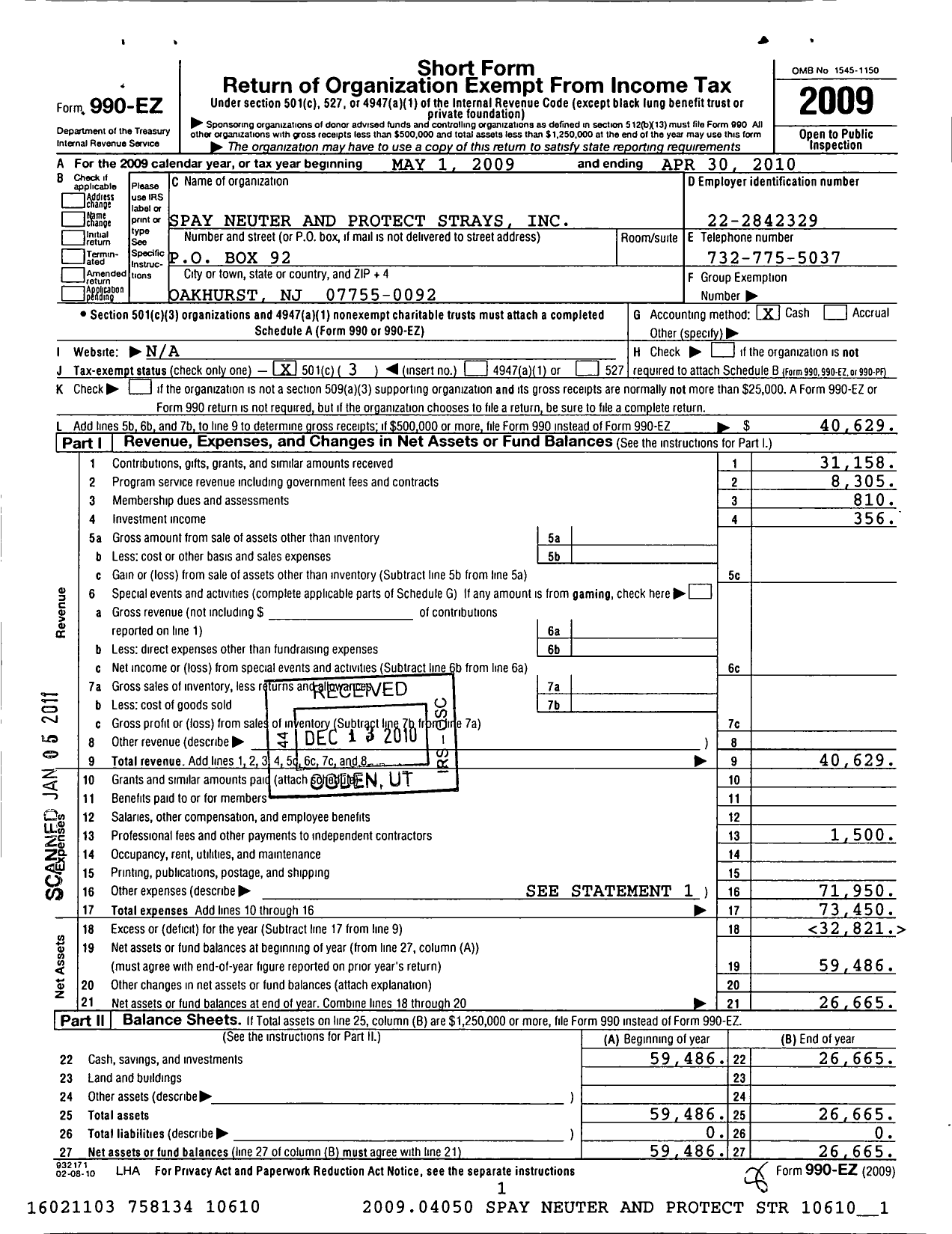 Image of first page of 2009 Form 990EZ for Spay Neuter and Protect Strays (SNAPS)