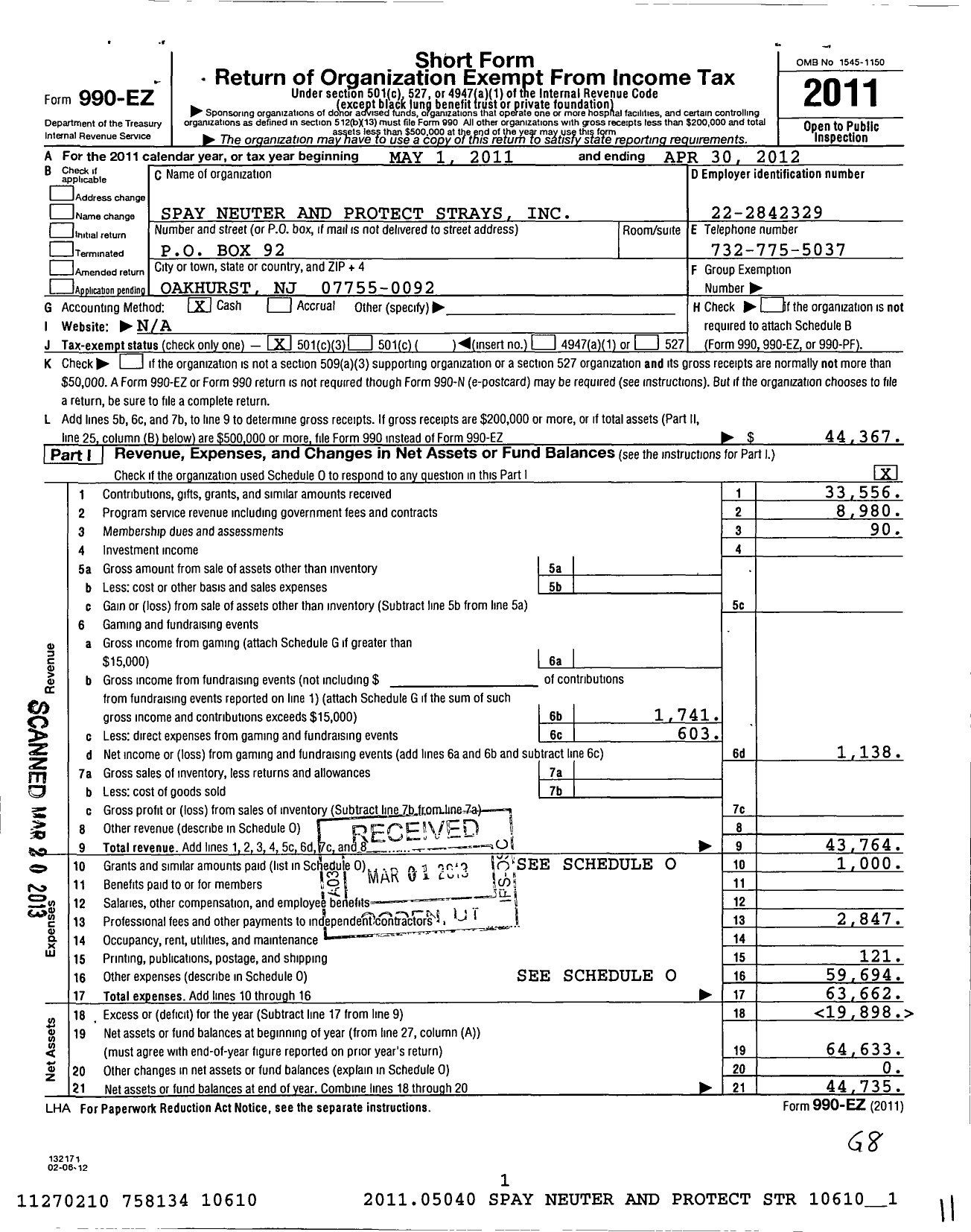 Image of first page of 2011 Form 990EZ for Spay Neuter and Protect Strays (SNAPS)