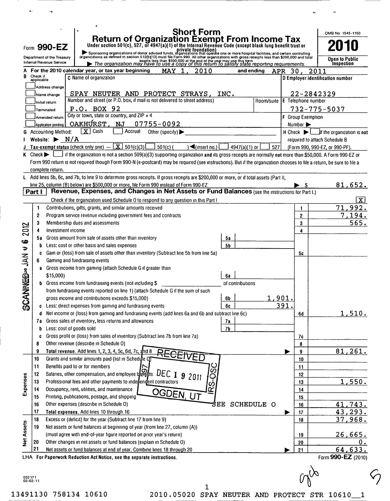 Image of first page of 2010 Form 990EZ for Spay Neuter and Protect Strays (SNAPS)