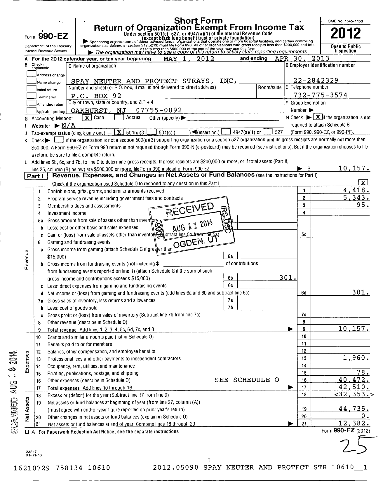 Image of first page of 2012 Form 990EZ for Spay Neuter and Protect Strays (SNAPS)