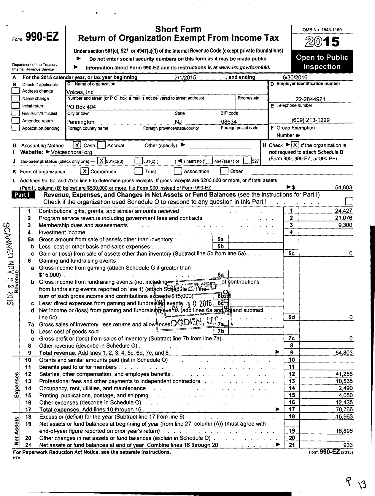 Image of first page of 2015 Form 990EZ for Voices