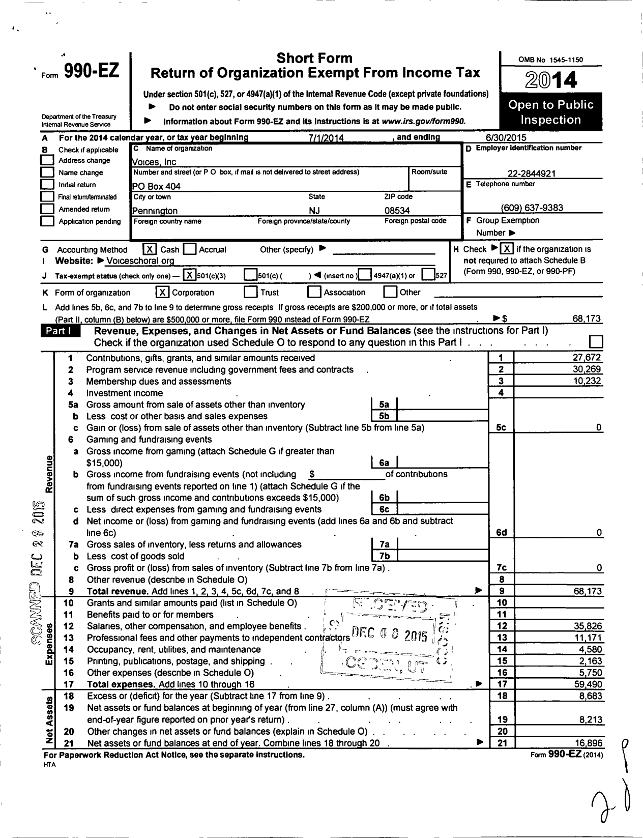 Image of first page of 2014 Form 990EZ for Voices