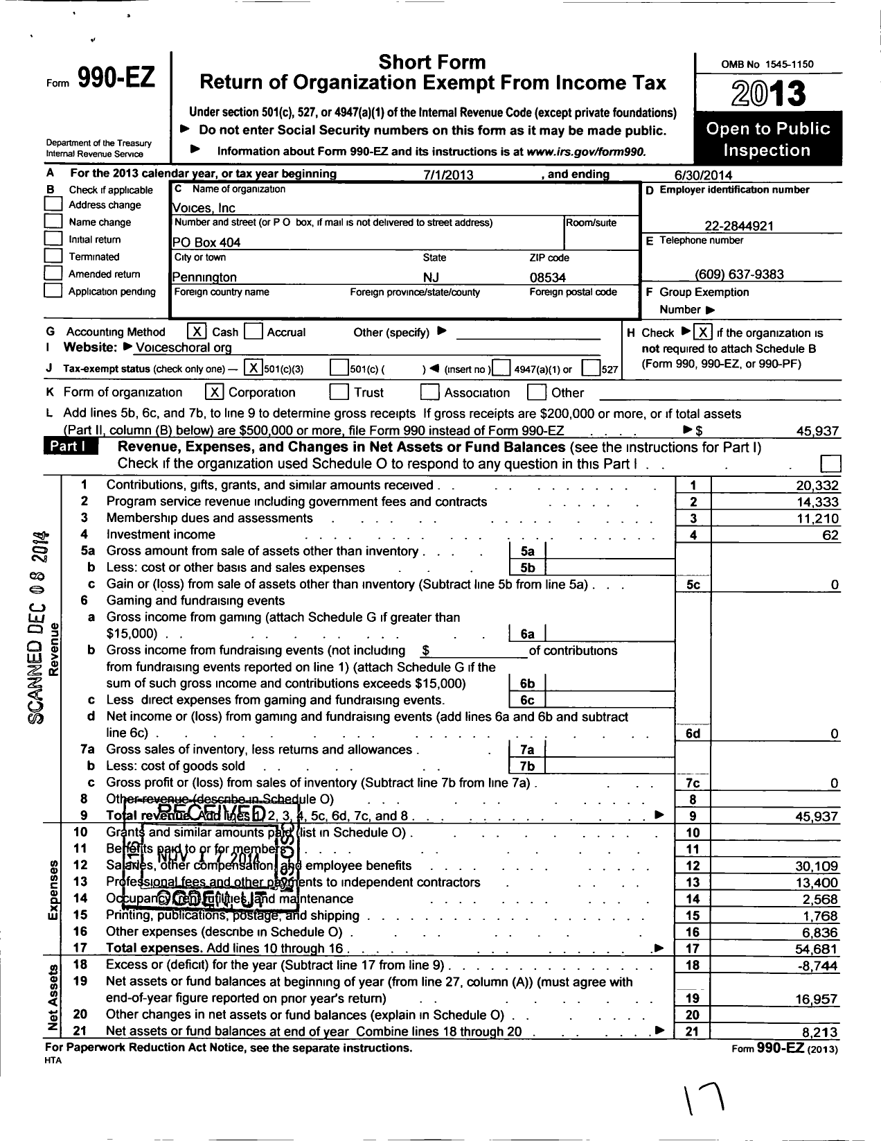 Image of first page of 2013 Form 990EZ for Voices