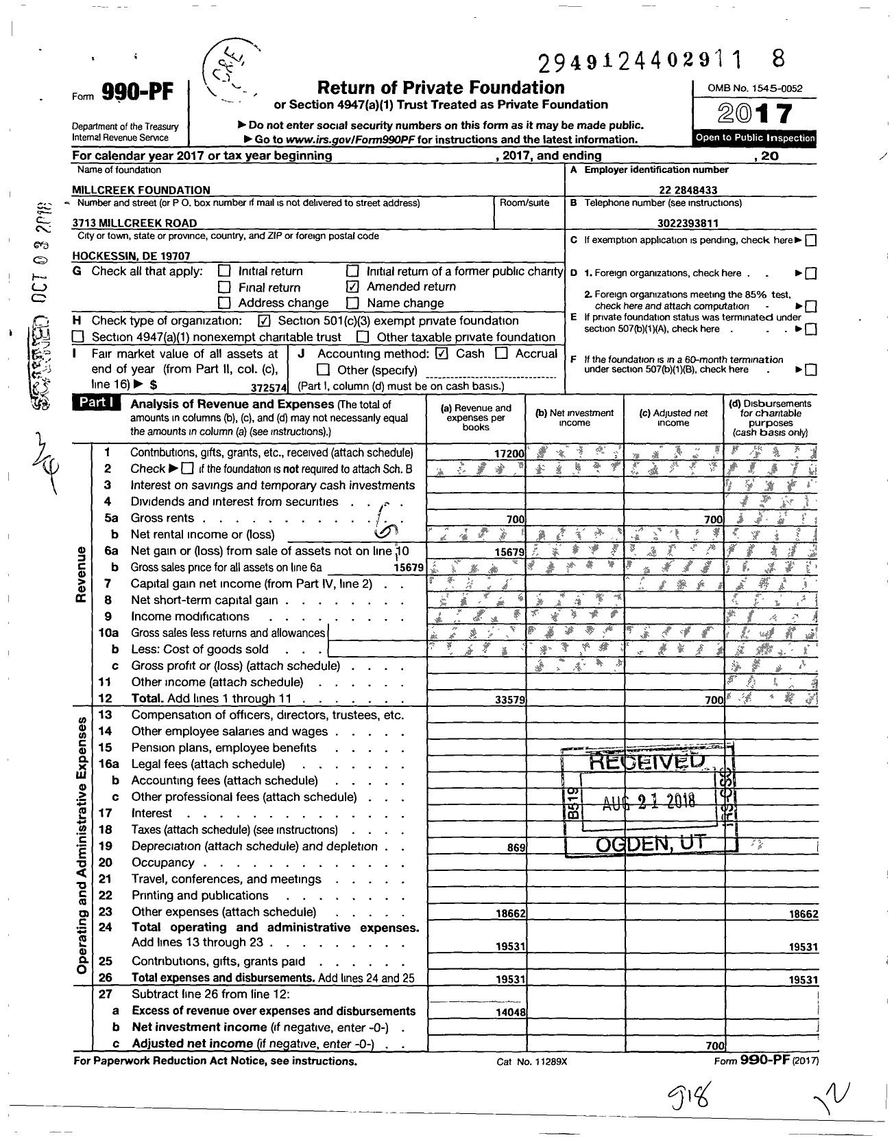 Image of first page of 2017 Form 990PF for Millcreek Foundation