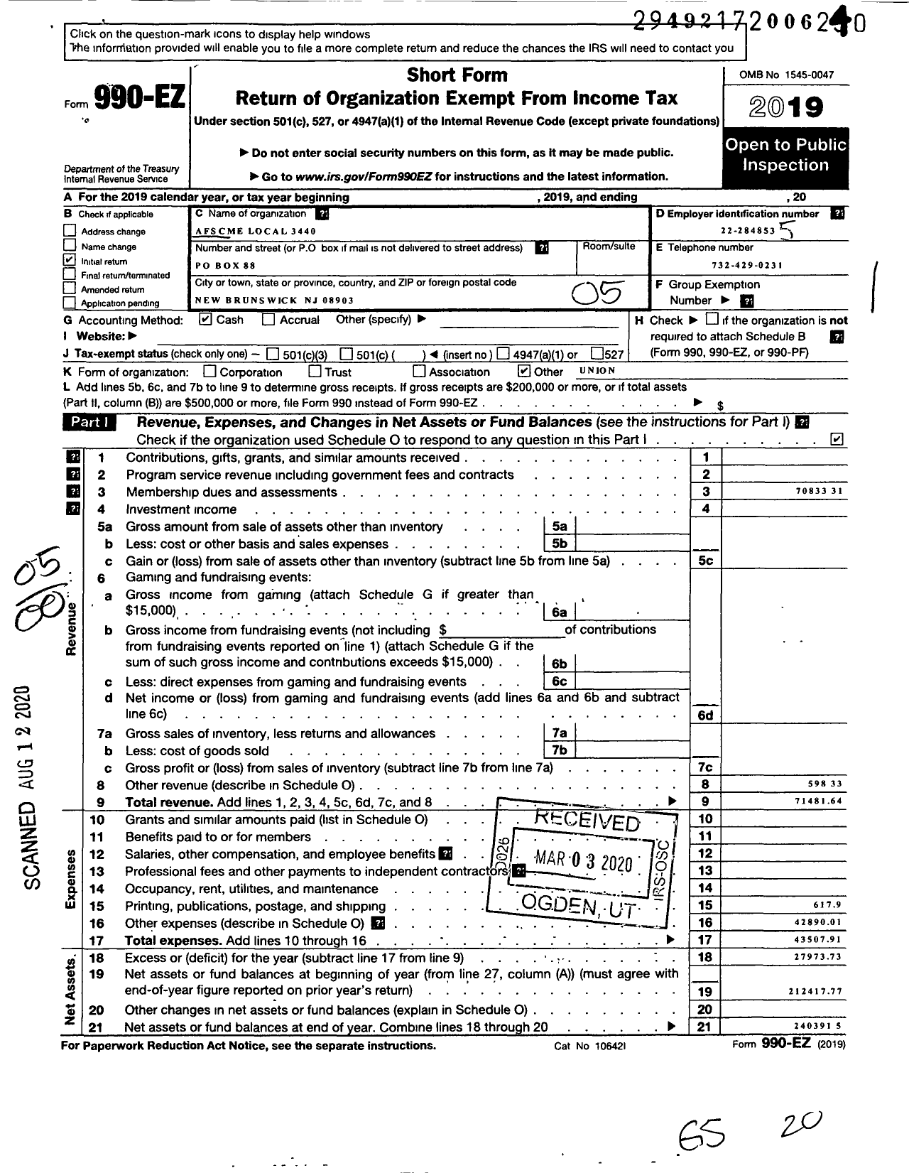 Image of first page of 2019 Form 990EO for American Federation of State County & Municipal Employees - L3440NJ Middlesex County NJ Emps