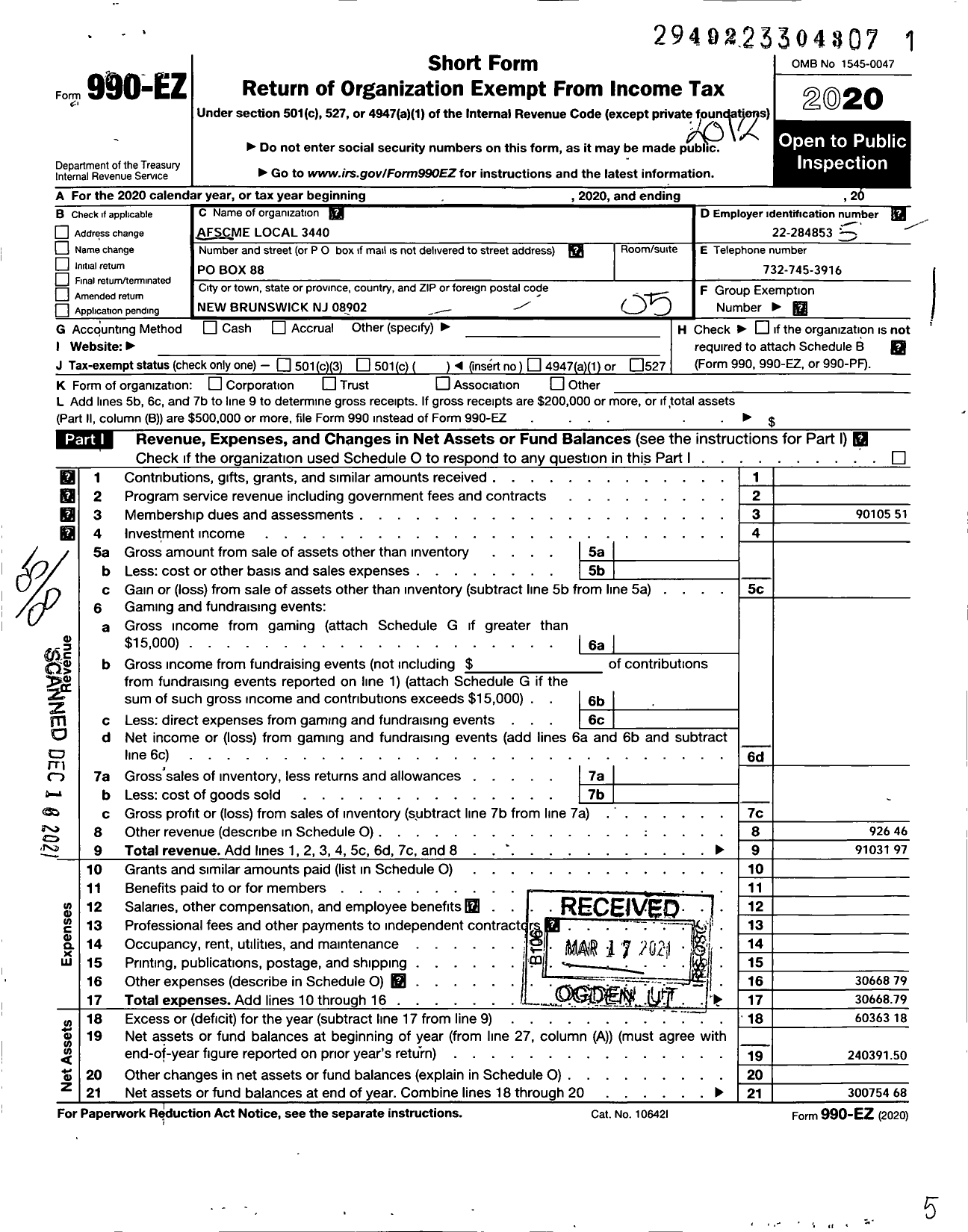 Image of first page of 2020 Form 990EO for American Federation of State County & Municipal Employees - L3440NJ Middlesex County NJ Emps