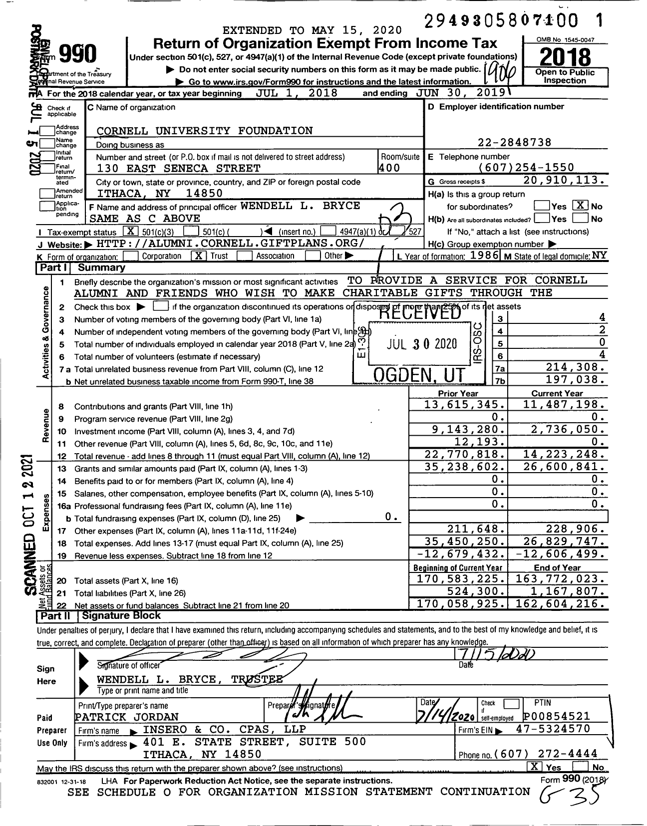 Image of first page of 2018 Form 990 for Cornell University Foundation