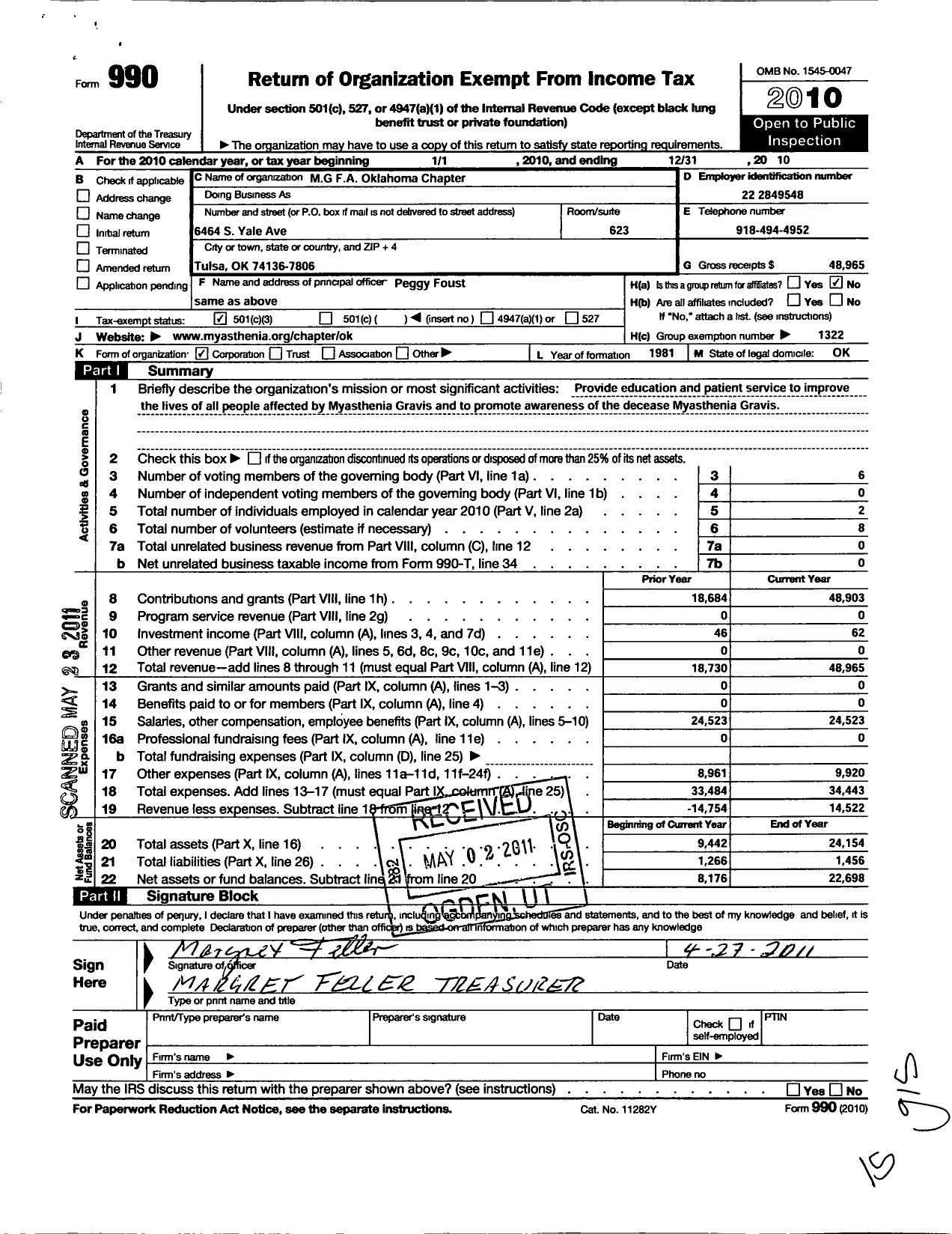 Image of first page of 2010 Form 990 for M G F A Oklahoma Chapter