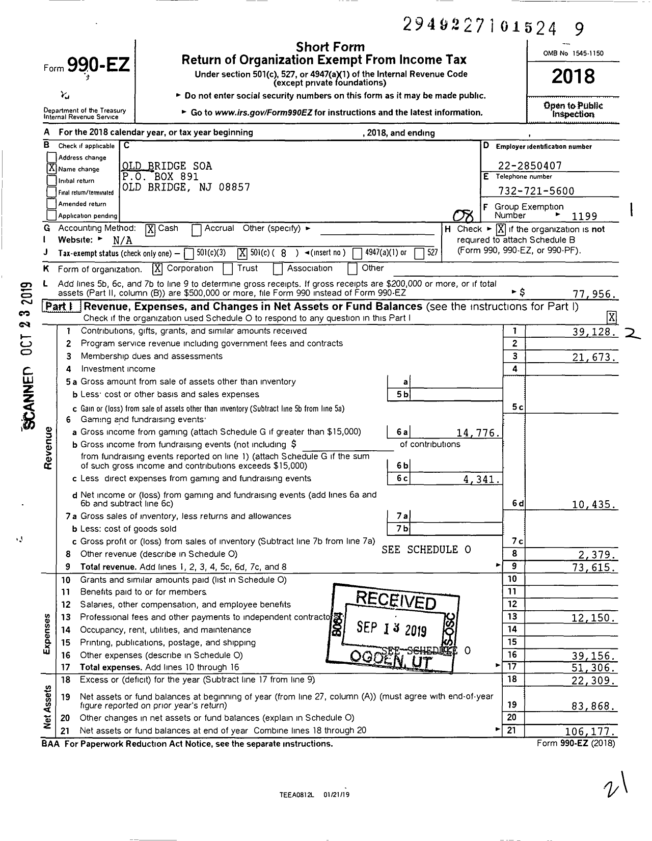 Image of first page of 2018 Form 990EO for Fraternal Order of Police Old Bridge Lodge 22 Soa