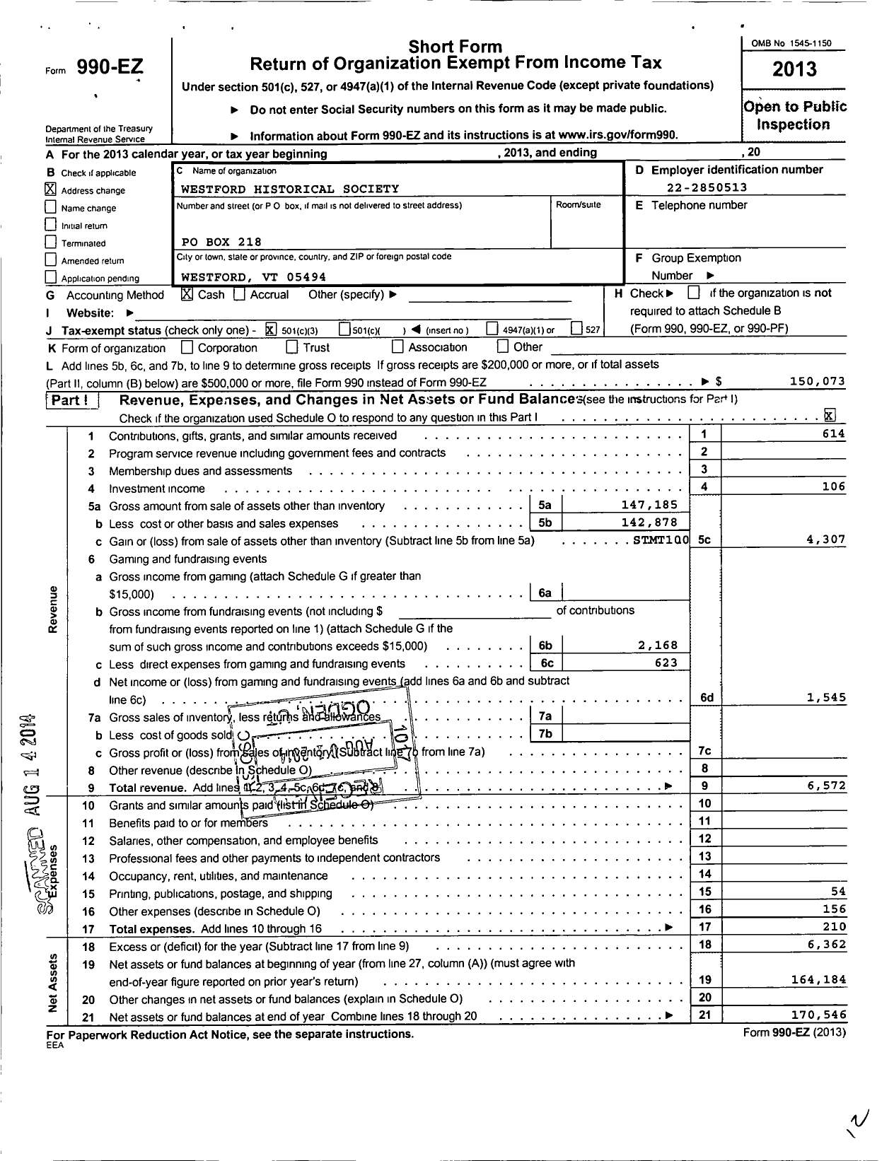 Image of first page of 2013 Form 990EZ for Westford Historical Society