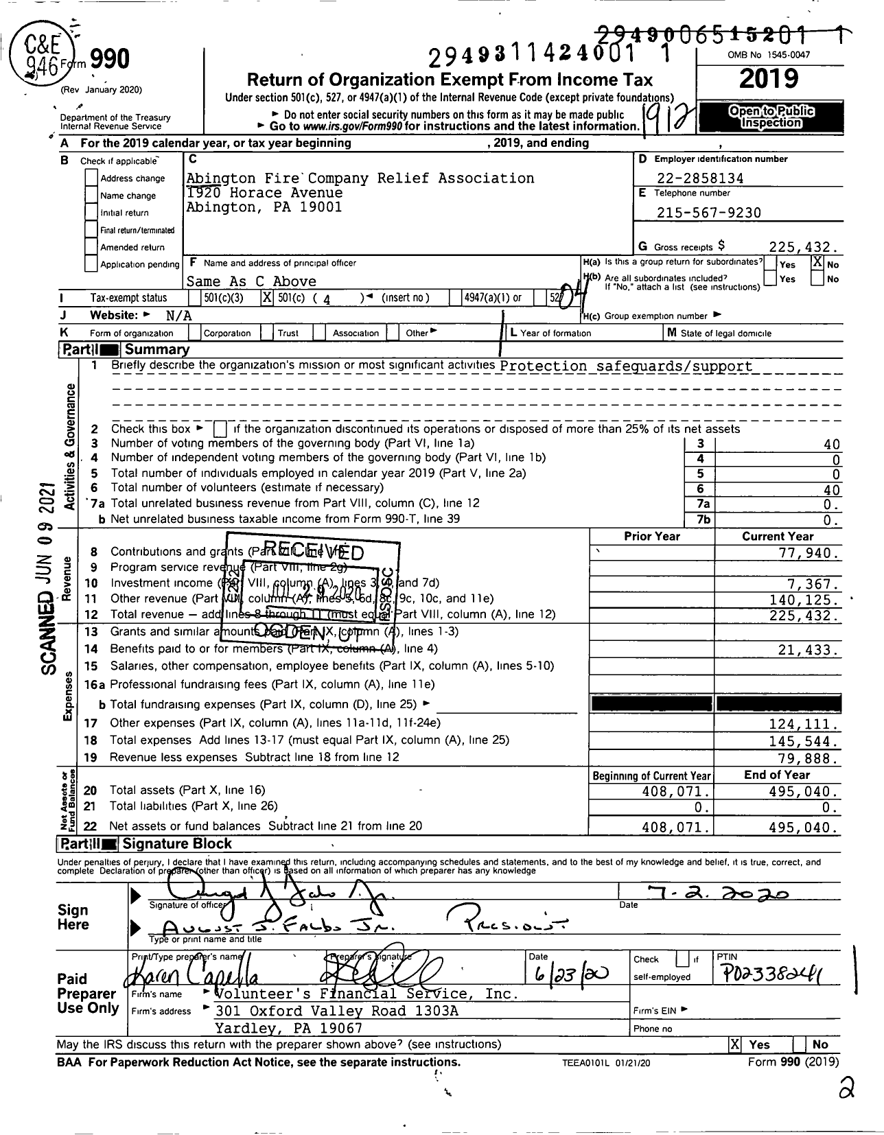 Image of first page of 2019 Form 990O for Abington Fire Company Relief Association