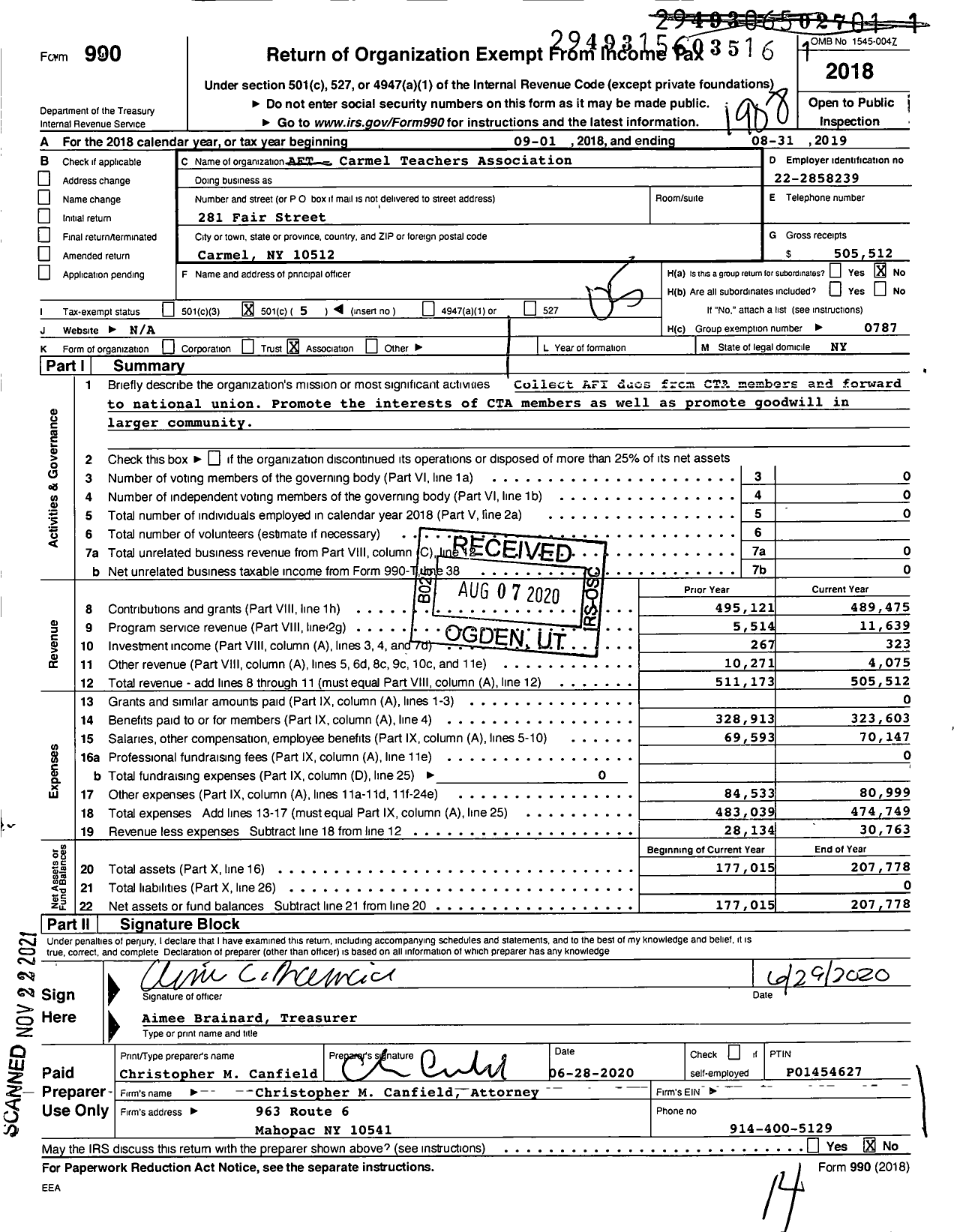 Image of first page of 2018 Form 990O for American Federation of Teachers - Association