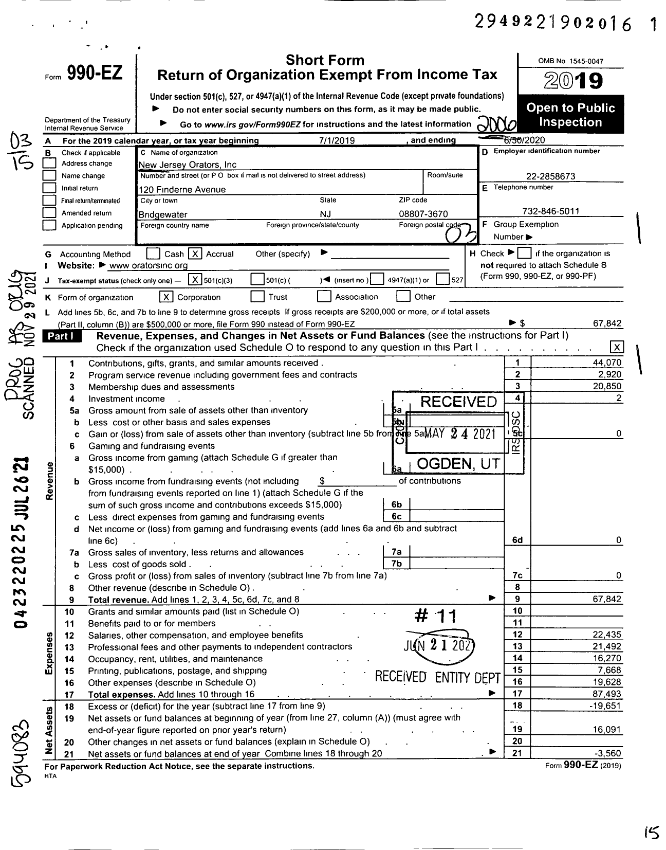 Image of first page of 2019 Form 990EZ for New Jersey Orators