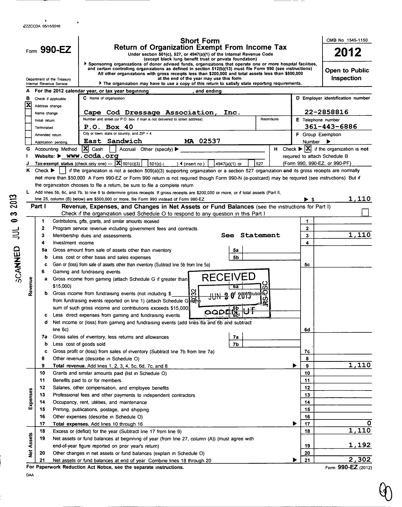 Image of first page of 2012 Form 990EZ for Cape Cod Dressage Association