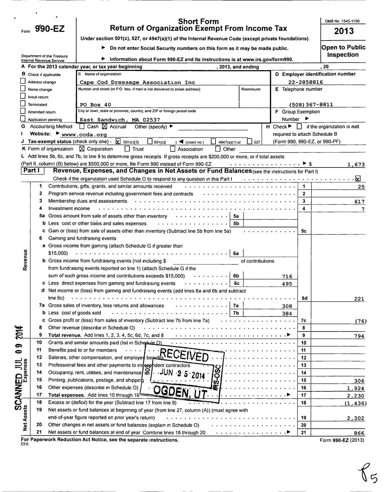 Image of first page of 2013 Form 990EZ for Cape Cod Dressage Association